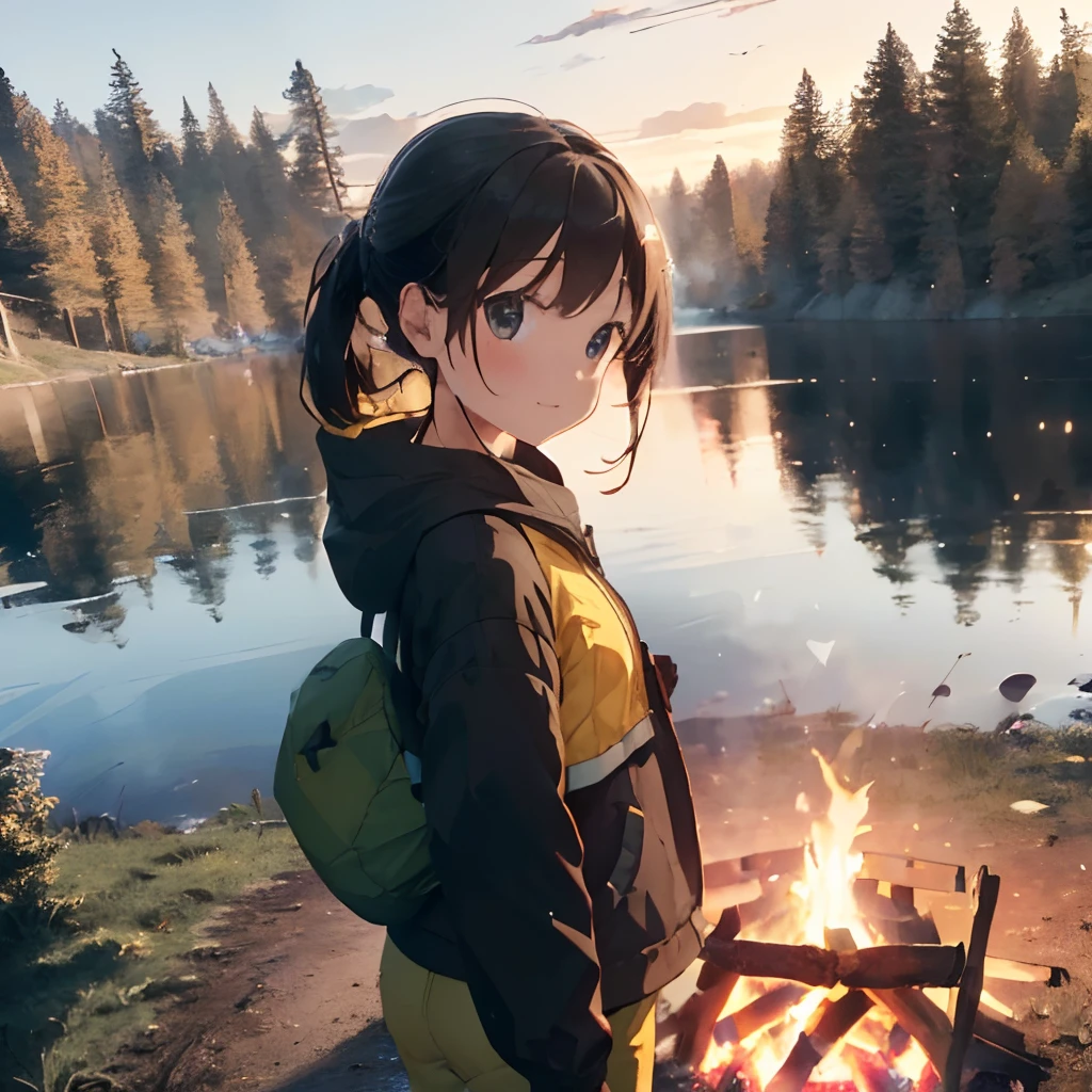 ​masterpiece, Hi-Res, girl with, the woods, There is a lying bonfire、portlate、portlate(((in woods、Next to the lake、Camping alone)))、(((Boiling water over a bonfire)))、((Yellow outerwear、Black pants))、facial close-up、portlate((camp fire、bonfire))、ssmile、bonfire