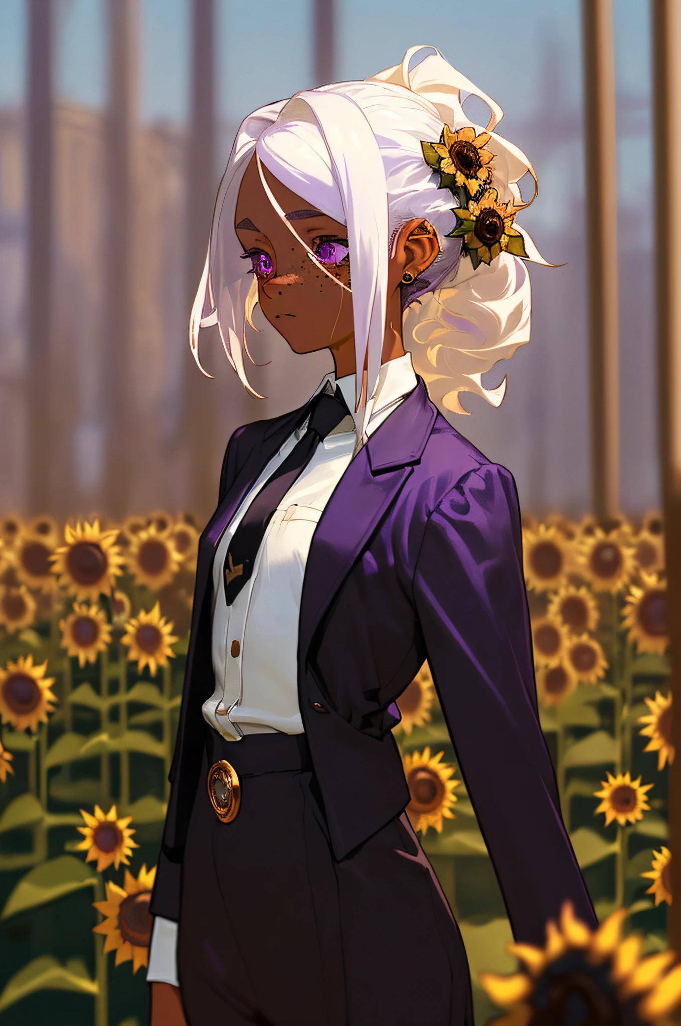 (masterpiece, best quality),1girl with tan skin, white hair with purple wicks, wearing a black suite with golden sunflower pin on the flap., with a white shirt and a black necktie; purple eyes, a lot of small freckles on the face, standingwhile sniffing a rose that helds in her hands. blurry background of a flower field