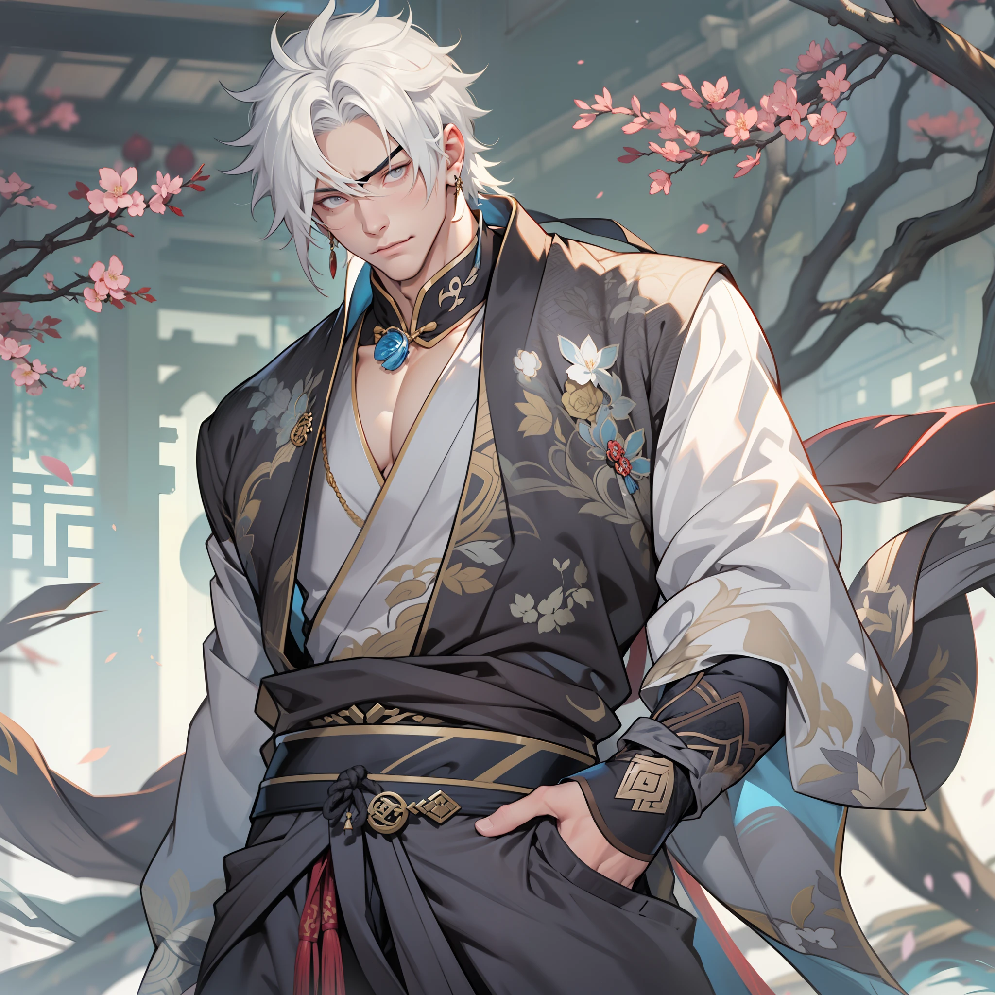 Handsome male. 6 ft 5 tall man. White hair. Short hair. Grey eyes. Eyepatch. Earrings. Toned body. Muscular male. Traditional chinese clothes. Genshin Impact. Wears eyepatch. Hydro vision. Bulge in pants