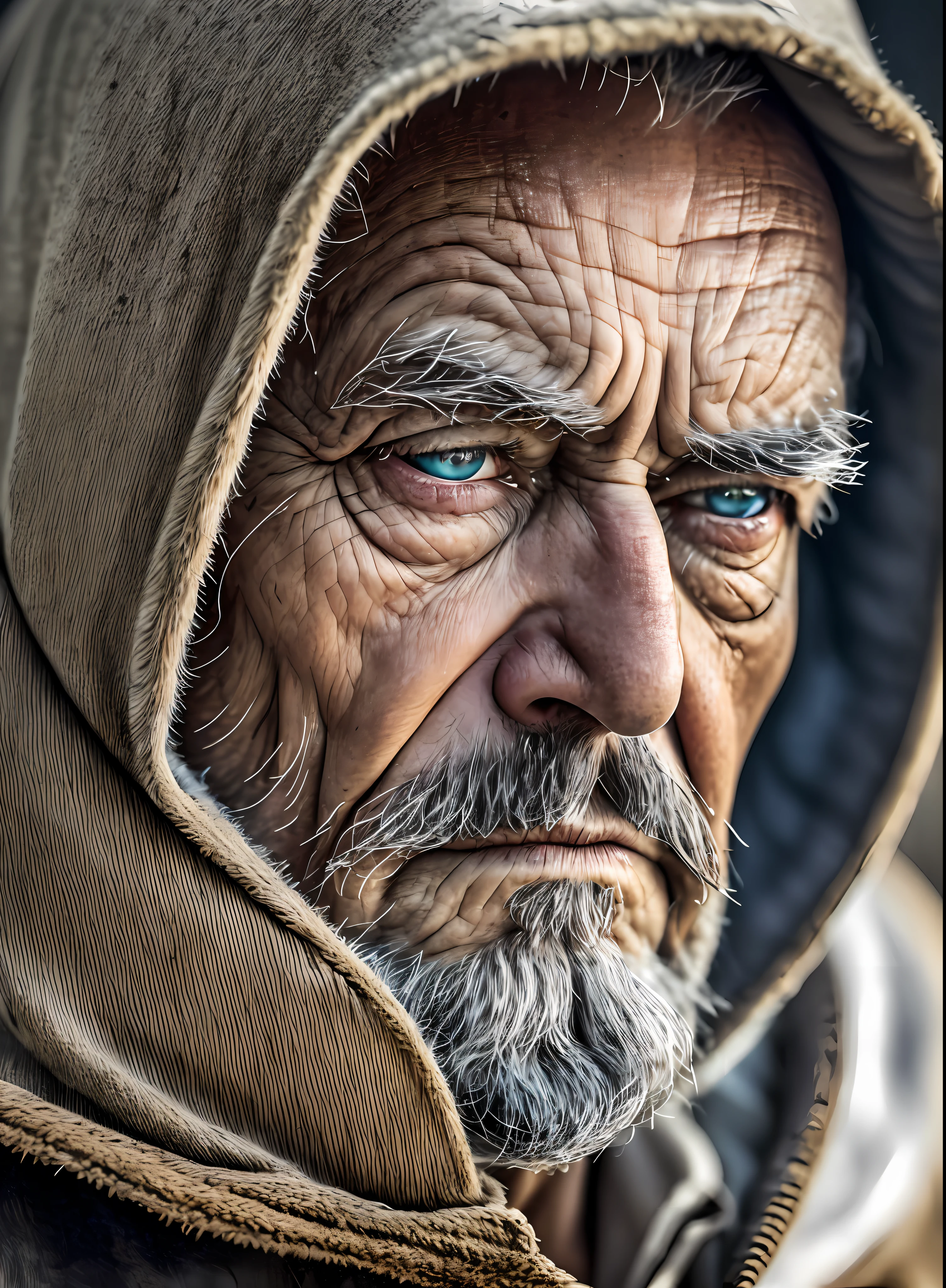 An epic close up portrait of elderly intense sinister eyes, and nose with long white beard, framed with a faded ancient tattered white linen hood, reflecting gold sparks in the irises of the eyes, white eyebrows, at night, dramatic lighting, high contrast, highest definition, hyperrealism, hyperrealistic, photorealistic, high resolution, hdr photography, 8k --auto --s2