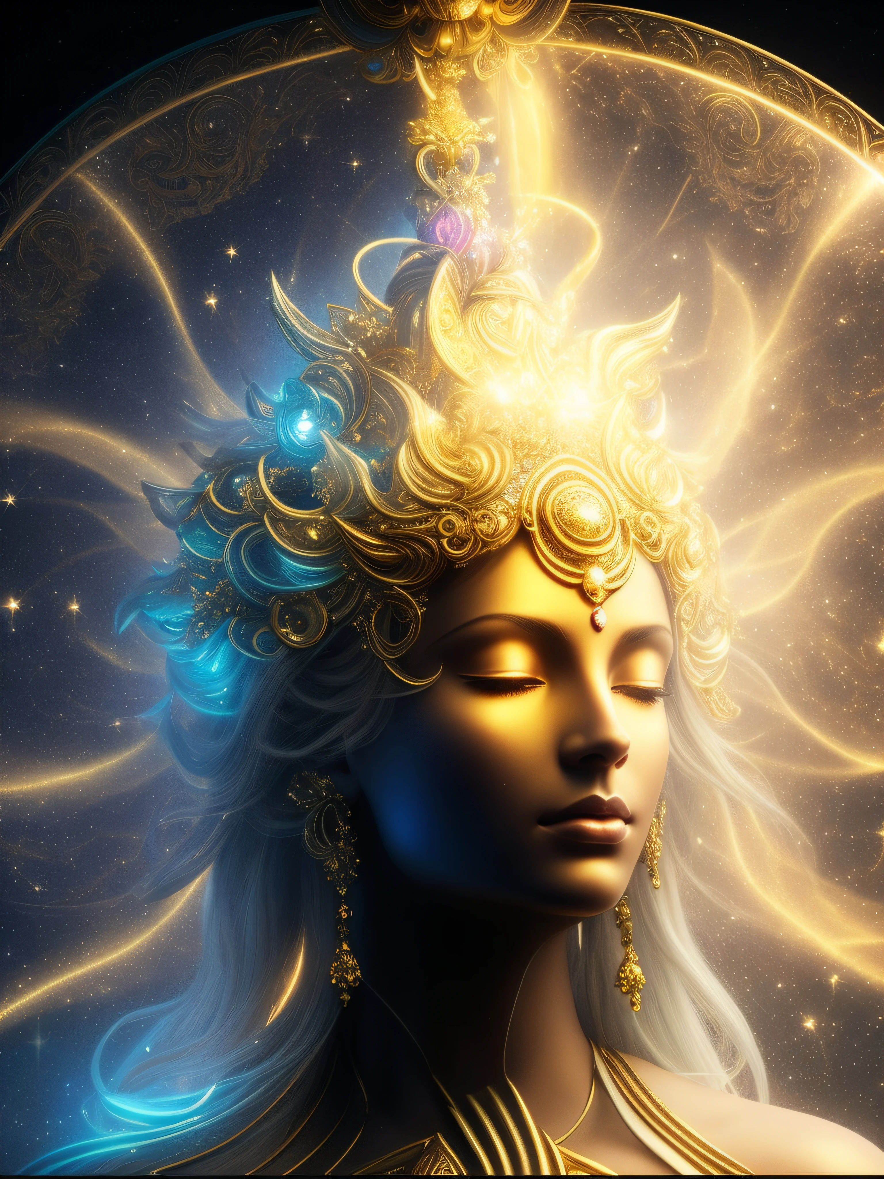 a close up of a woman with a golden headpiece and a glowing halo, goddess. extremely high detail, 3 d goddess portrait, a stunning portrait of a goddess, portrait of a beautiful goddess, portrait of queen of light, goddess close-up portrait, goddess of light, a beautiful fantasy empress, extremely detailed goddess shot, portrait of a cosmic goddess, goddess portrait