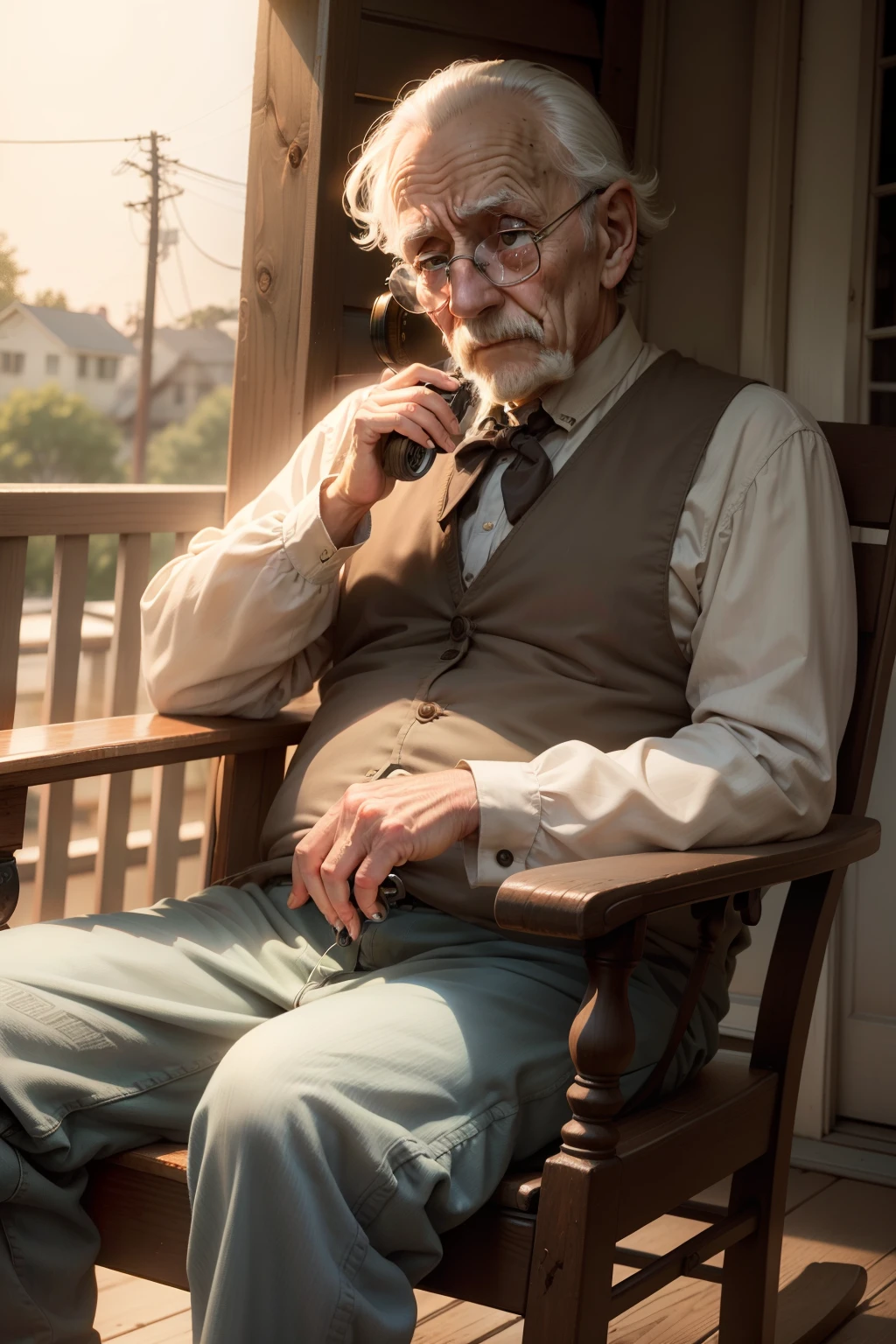 A crying old man sitting in a rocking chair on a porch with real eyes of glasses and an old radio in his lap was from the 1800s