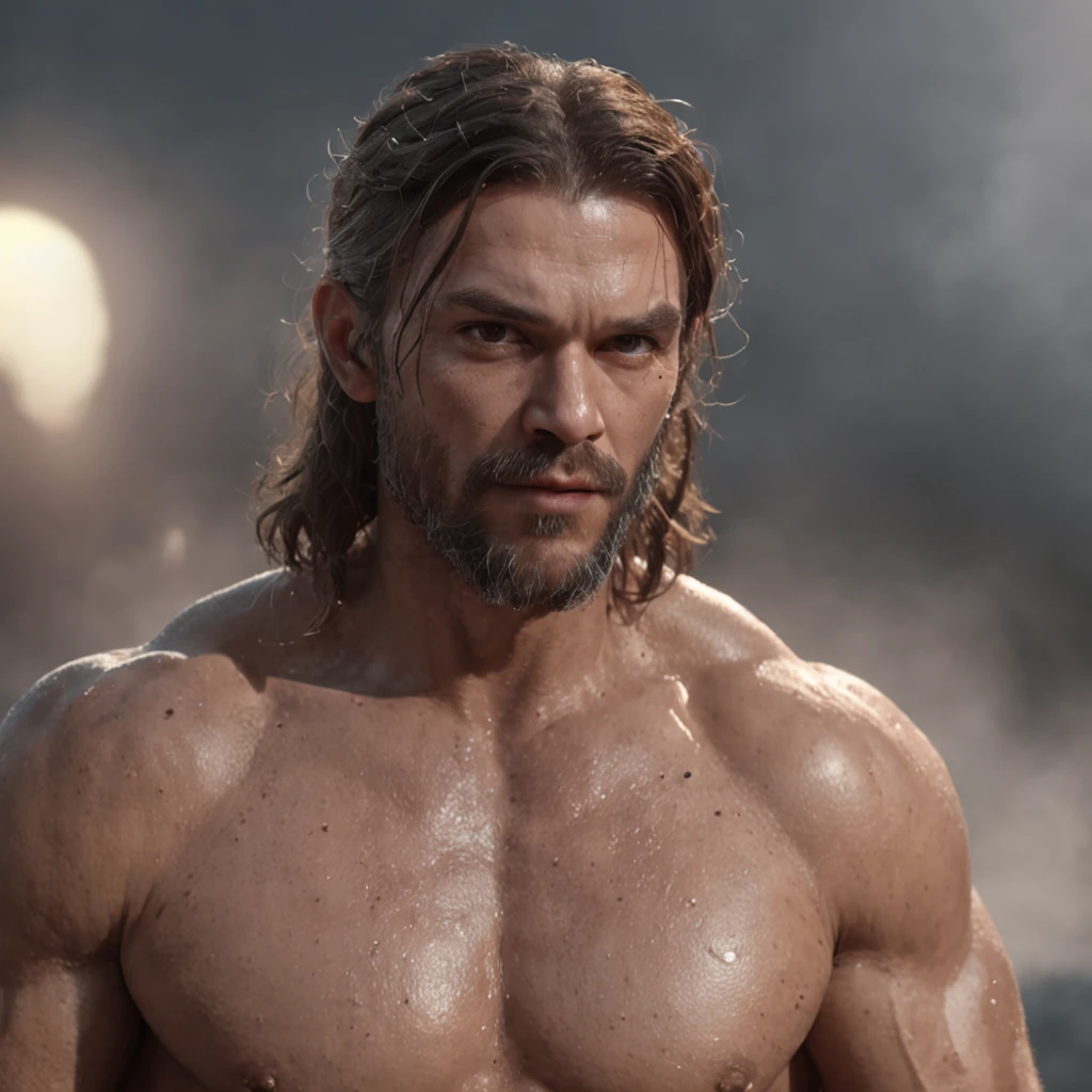 (Professional 3D rendering:1.3) de (Realistic:1.3) Foto de arte mais bonita do mundo,Features soft, bright male heroes, ((Epic hero fantasy rough muscular man wet hero angry look long hair short beard and fierce expression in dynamic pose, fantastic location, majestoso ambiente desordenado)), corpo inteiro 8k unidade render, action shot, poros da pele, very dark lighting, sombreamento pesado, circunstanciado, Rosto detalhado, (vibrante, fotogrdeia realista, Realistic, Dramatic, Escuro, foco nítido, 8k), (Old leather clothes damaged by bad weather:1.4), ((((Use peles)))), (intrincado:1.4), decadente, (altamente detalhado:1.4), pintura digital, rendering by octane, art stations, Conceito-Arte, liso, foco nítido, illustration, germe da arte, (Loish:0.23), Wlop Ilya Kuvshinov, e Greg Rutkowski e Alphonse Mucha Gracias, (global ilumination, studiolight, Light Volumetric), chuva forte, floating particles, patife, fantasia, Onze, corpo inteiroesbian, ((Fundo escuro e antigo da cidade:1.3)),CGSesociedade,art stations