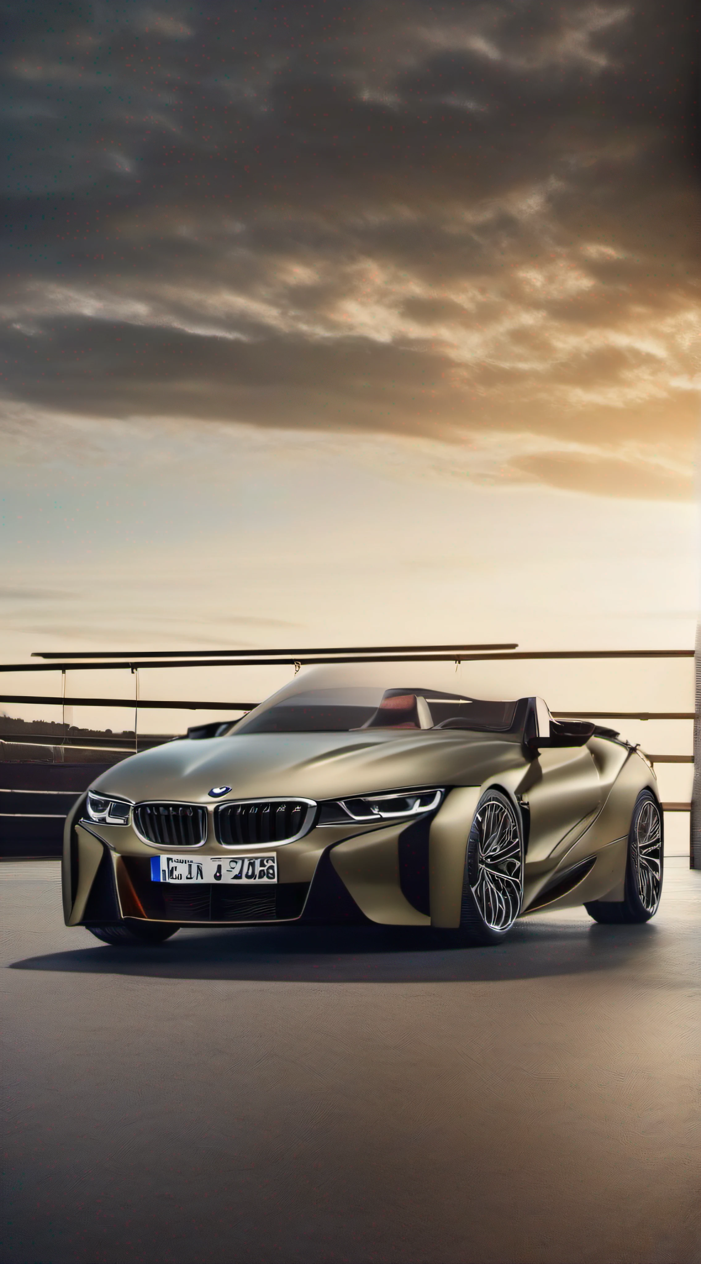 A powerful concept roadster with iconic BMW styling cues. The longitudinal front engine, rear wheel drive layout provides a sporty 50/50 weight distribution. The kidney grille is enlarged, flanked by curved twin circular LED headlights that flow into the front fenders.

The side profile displays a long sweeping hood, retractable roof panel, and short rear deck. Aggressive contours run along the bodywork to the widened rear haunches. The spokes of the 20” alloy wheels are inspired by the classic BMW cross-spoke design.

At the rear, L-shaped tail lights sit high on the outer edges linking to the character line. Dual trapezoidal exhaust tips are integrated into the rear valance. The interior features a driver-focused cockpit with controls angled towards the helmeted driver. Alcantara sport seats grip occupants tightly complementing the car's performance capabilities.

Overall the concept's bold shapes, iconic BMW design elements and uncompromising RWD proportions create an exciting vision for a future BMW sportscar designed for exhilaration.