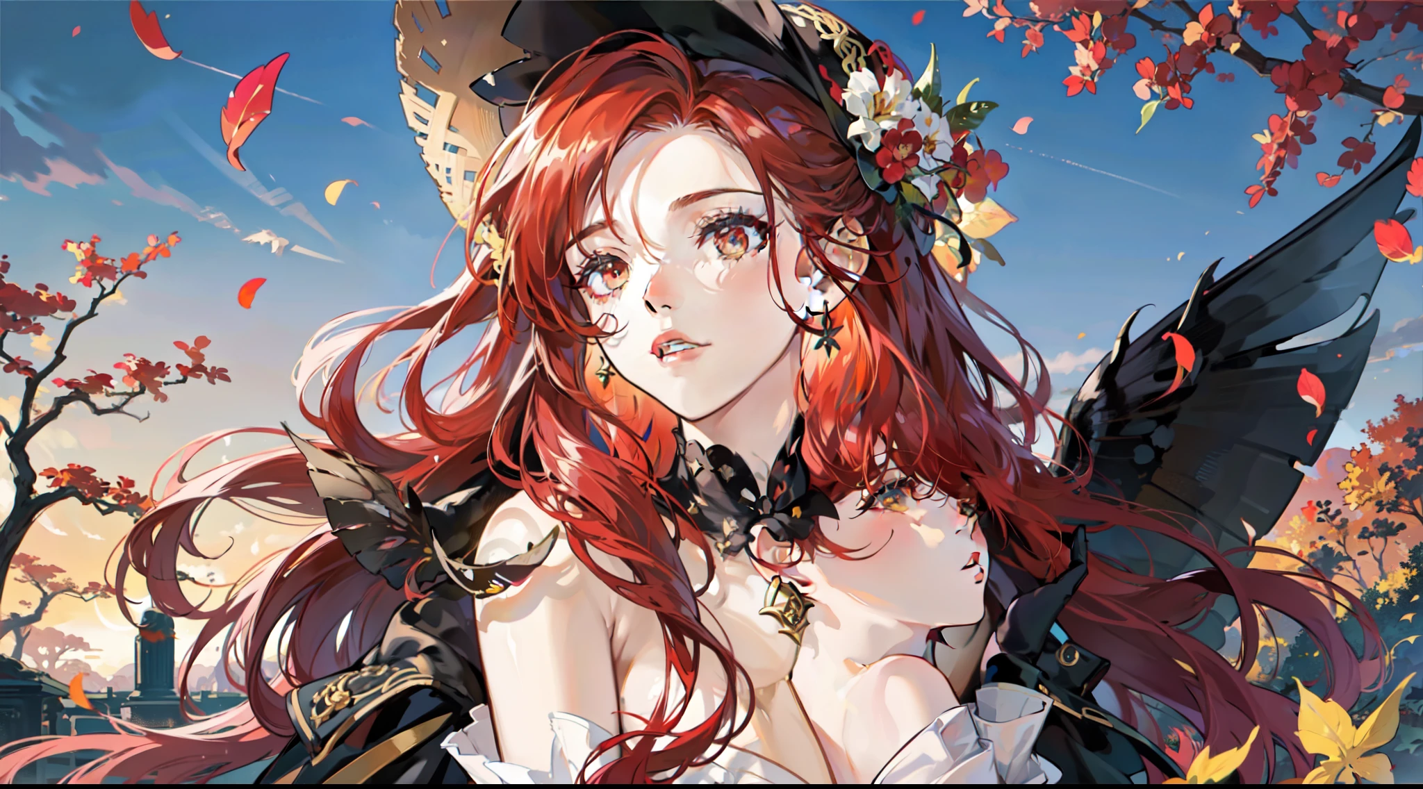 A woman with vibrant red hair and a confident demeanor stands before a backdrop of swirling autumn leaves. Her red hair cascades down her shoulders, catching the sunlight and creating a mesmerizing play of color. She possesses a sense of strength and elegance, as her gaze meets the viewer's with an alluring confidence. Her ample bosom is elegantly portrayed, accentuating her curves in a tasteful and empowering manner. The environment exudes a blend of autumnal warmth and mystery, making her the focal point while celebrating her individuality. This artwork is executed in a detailed illustrative style, capturing the intricate details of her hair, expression, and the surrounding leaves with meticulous precision, --ar 16:9 --v 5