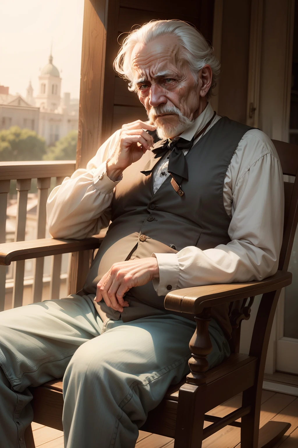 A crying old man sitting in a rocking chair on a balcony real eyes of 1800s-style era