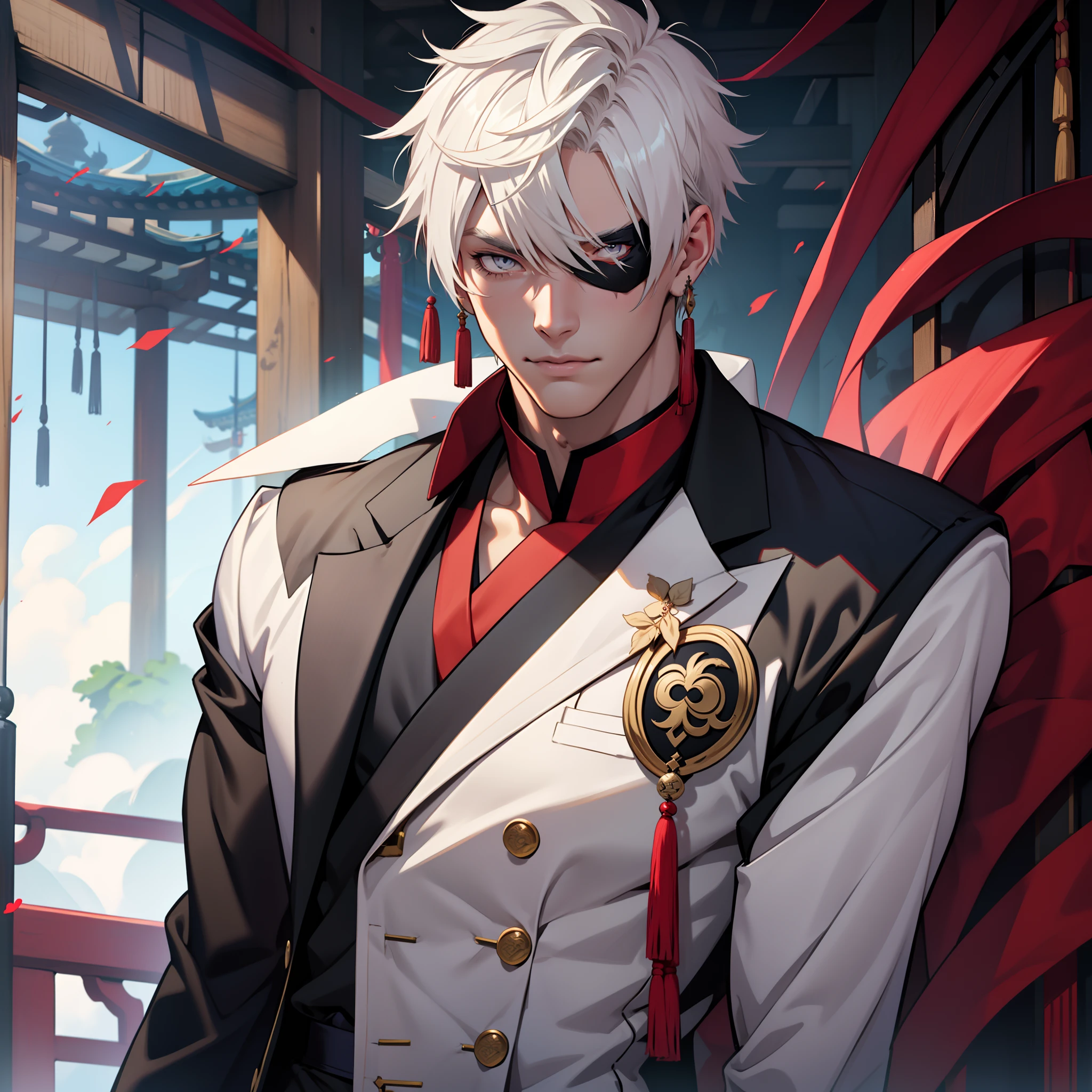 Handsome male. 6 ft 5 tall man. White hair. Short hair. Grey eyes. Eyepatch. Earrings. Toned body. Muscular male. Traditional chinese clothes. Genshin Impact. Wears eyepatch. Hydro vision. Eyepatch. Eye patch.