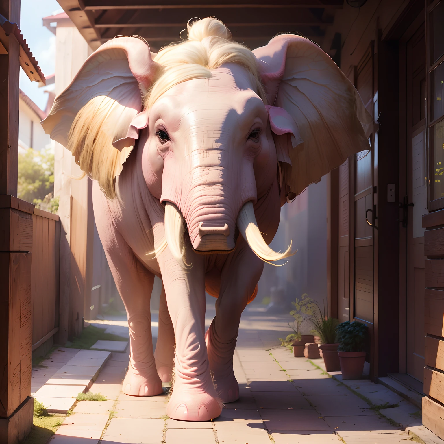 There is a very large pink elephant walking down the street, animais surreais, 8 k animal ultra realista, 8 k criatura ultra realista, unicorn from the tusk movie, animal, Do filme Tusk, ultra realistic 3d illustration, conceito de criatura realista, Last Airbender Appa, CGI fotorrealista
