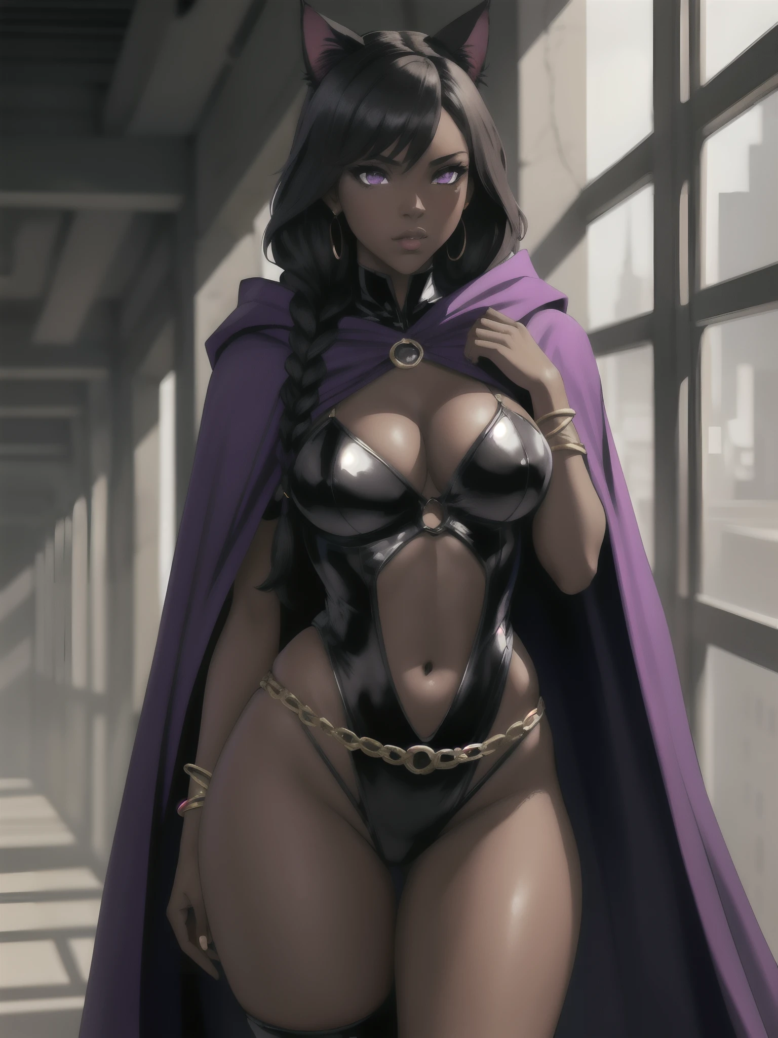Concept art, Masterpiece, Excellent Quality, 1girl, solo, complex details, color diffusion, close-up shot, African-American female, dark-skinned female, brown skin, thighs and hips, cat ears, black hair, dark hair, braids, purple eyes, amazon attire, epic attire, cloak, cloaked, badass, deadly and sexy, demon goddess, Super Villain, Sci-Fi, Fantasy