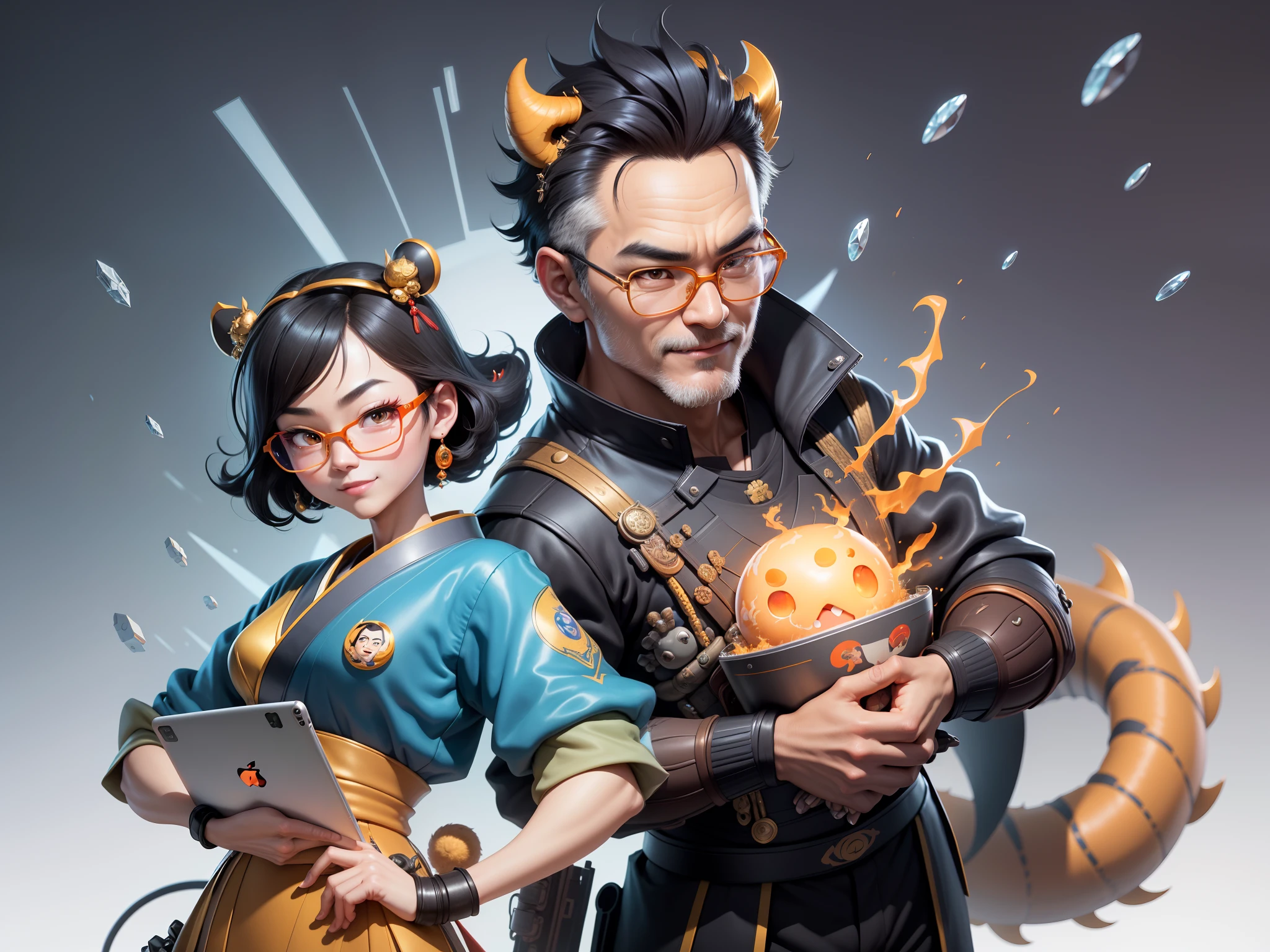 (Masterpiece), (Excellent), (Super Meticulous), (Full Body: 1.2), Super Young Man with Japanese Female Geisha, Pretty, Beautiful, Chinese Dragon, Tiger, Wind God Thor, Sexy, Bursting, Oriental Face, TV Anchor, Bust Portrait Illustration, Black Suit, Blue Tie, Slightly Chubby Face, Silver Glasses, Very Clean Face, No Beard on Chin, Black Super Short Hair, Black Eyes, Confident Smile, 3c Computer Sub-Products, iPad, iPhone, Digital Painting, 3D character design by Mark Clairedon and Pixar and Hayao Miyazaki and Akira Toriyama, the illustrations are HD illustrations in 4K resolution with highly detailed facial features and cartoon-style visuals.