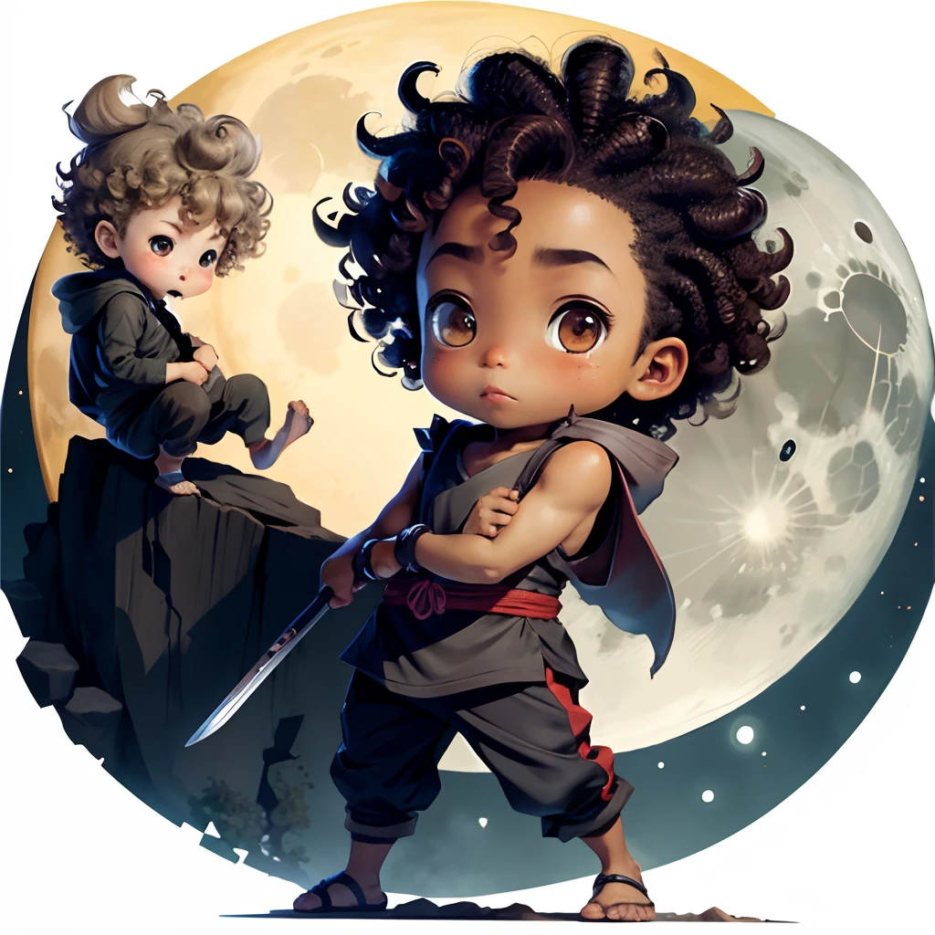 Cute chibi boy anime, dark brown skinned, grey ninja clothes, wear sandals, freckle face, moon, curly hair