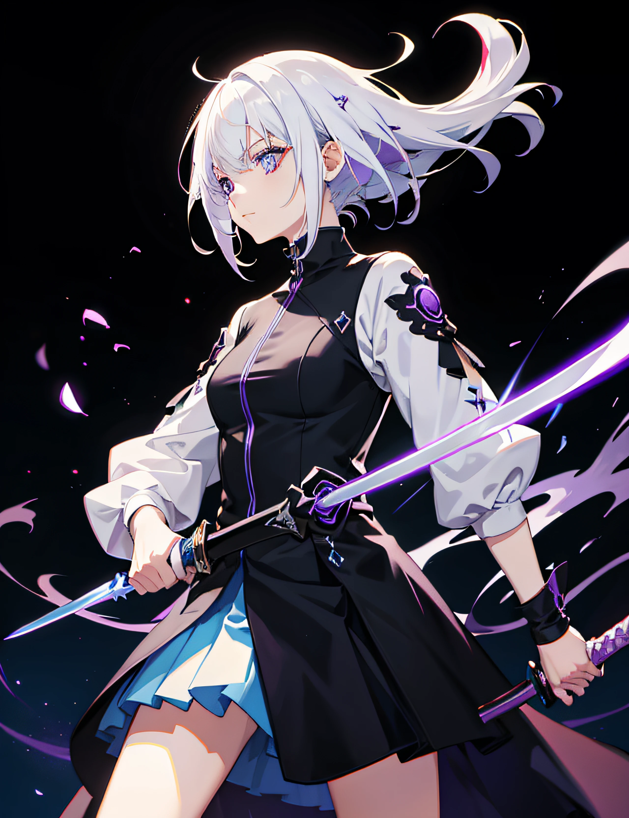 colorful, 1girl, white hair, purple eyes, dual wielding, sword, holding sword, blue flames, glow, glowing weapon, light particles, wallpaper, chromatic aberration,