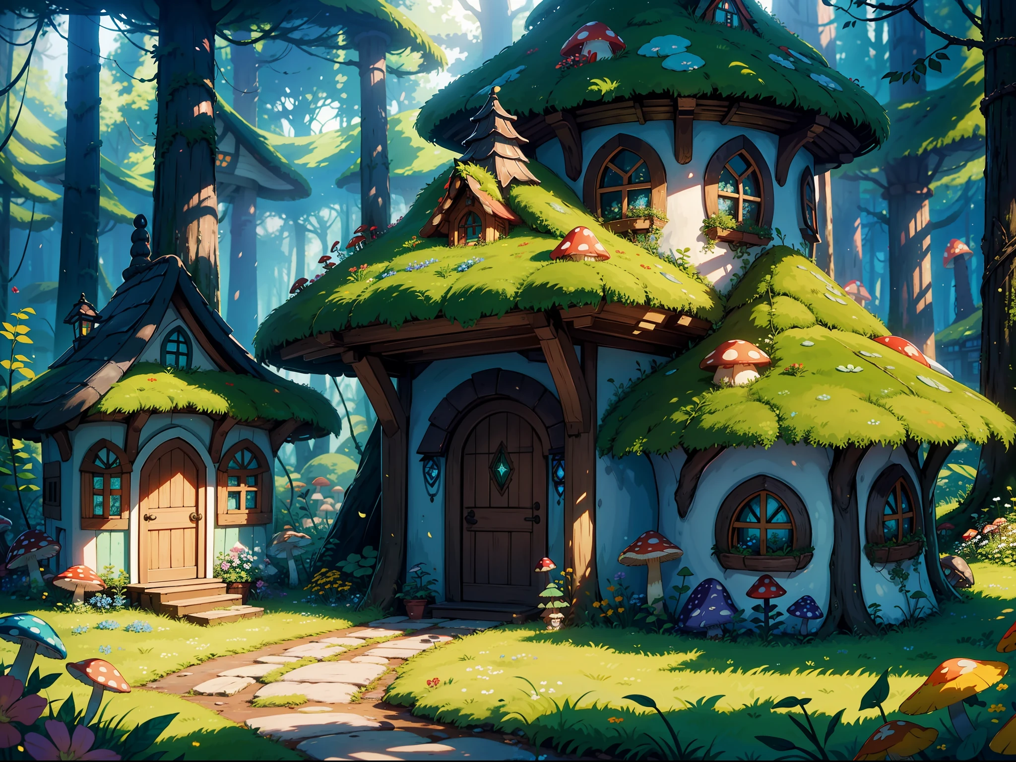 "Enchanting mushroom houses nestled in a vibrant forest, bathed in soft sunlight, and surrounded by colorful flowers. Captivate with whimsical details, moss-covered roofs, and cozy doorways. Create a magical atmosphere with sparkling dewdrops, dancing butterflies, and a hint of mystery. Let the vivid imagination bring these mushroom houses to life in a fantasy world where dreams come true."