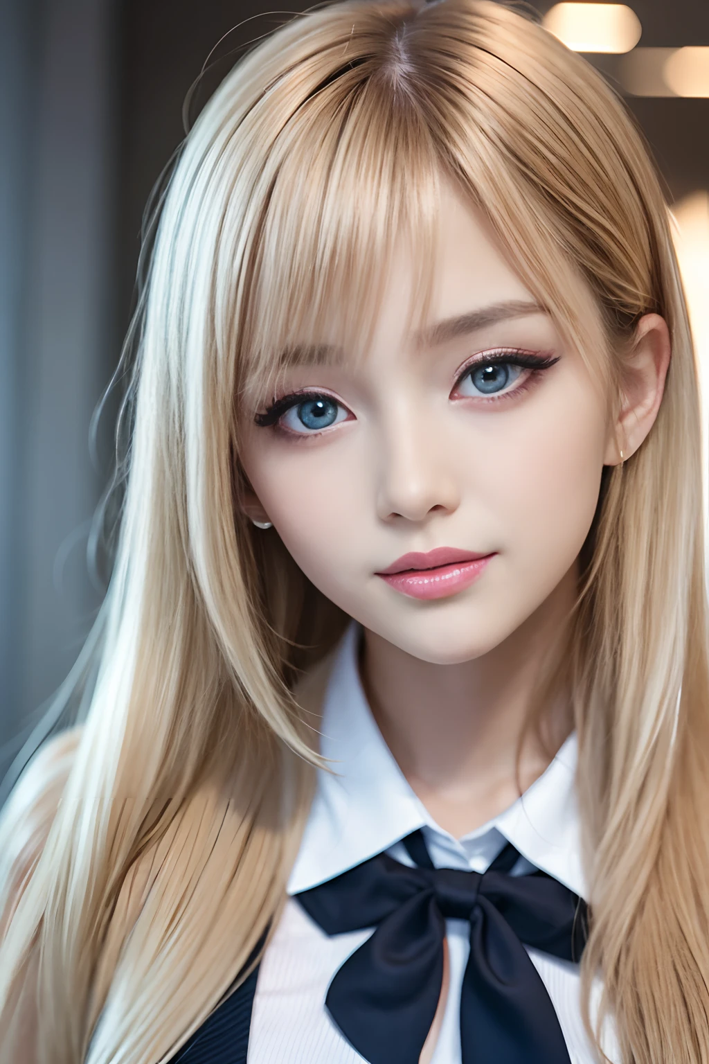 portlate、School Uniforms、bright expression、poneyTail、Young shiny shiny white shiny skin、Best Looks、Blonde reflected light、Platinum blonde hair with dazzling highlights、shiny light hair,、Super long silky straight hair、Beautiful bangs that shine、Glowing crystal clear attractive big blue eyes、Very beautiful nice cute girl、Lush bust,Beautiful detailed eyes, beautiful detailed nose, natural make up、Healthy skin、smil、eyeshadows、