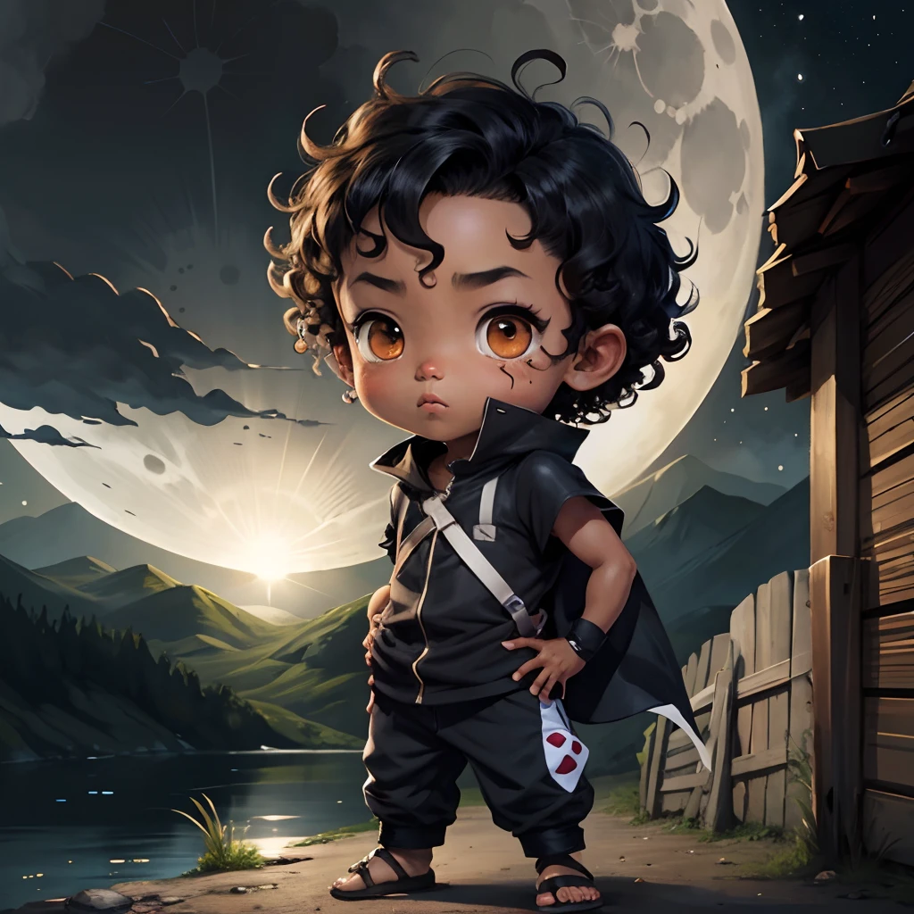 Cute chibi baby boy anime, dark brown skinned, Afro hair, grey ninja clothes, wear sandals, freckle face, moon
