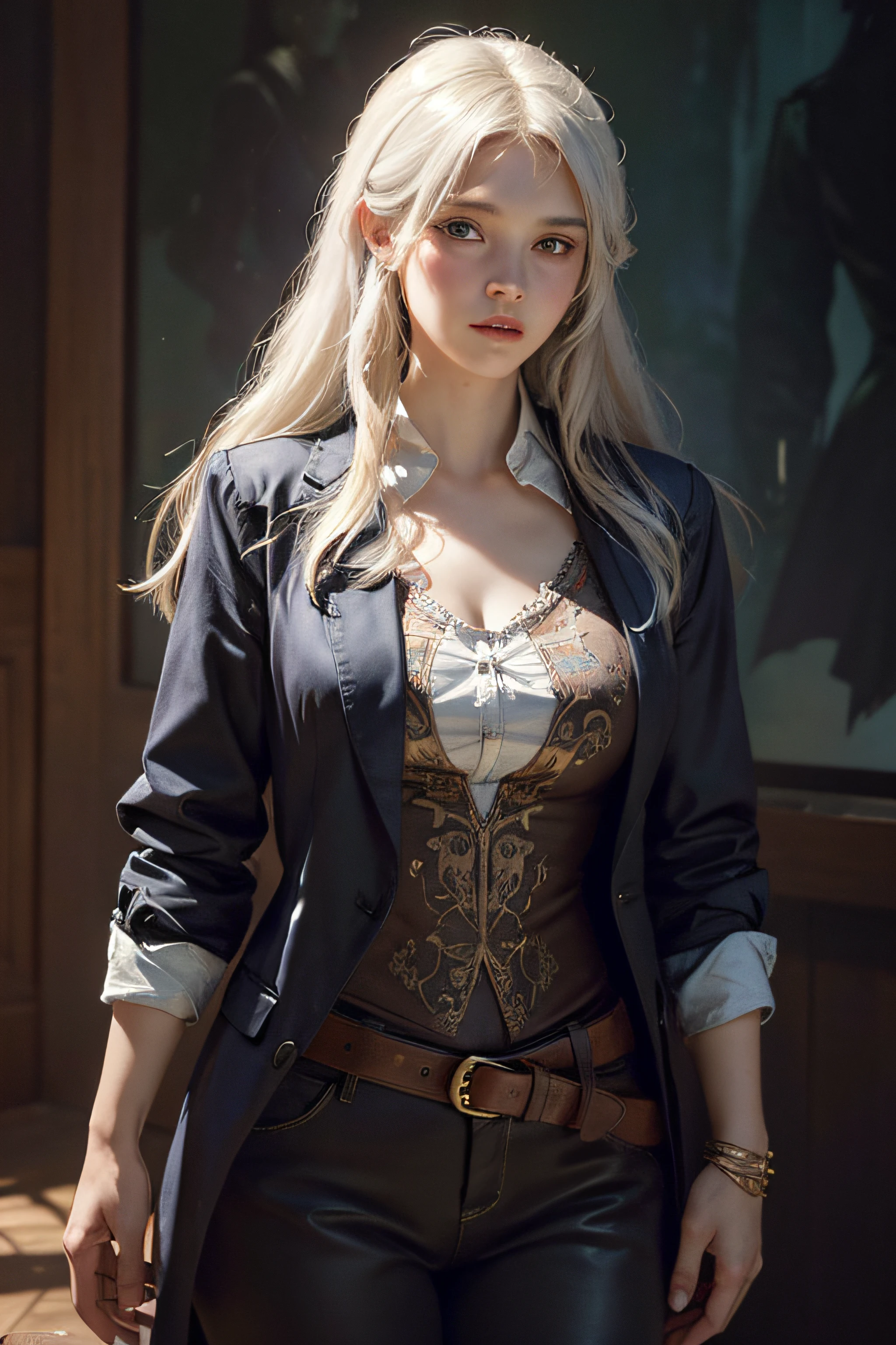 Hyperrealist portrait of female by david hockney and alphonse mucha,fantasy art, photo realistic, dynamic lighting, artstation, poster, volumetric lighting, very detailed faces, 4 k, award winning,, 1girl, in the dark, deep shadow, low key,cowboy shot,(official clothing:1.4) ,long hair,white hair,