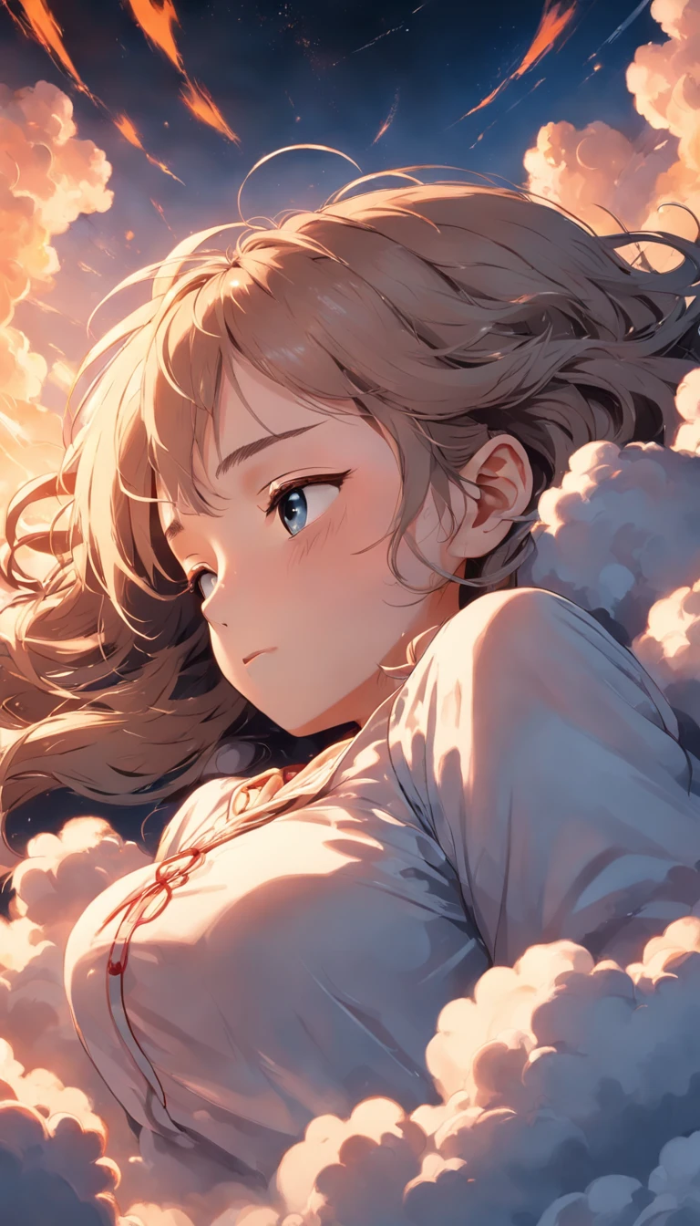 masterpiece, Highest Quality, Movie Steel, 1womanl, Cloud Ready, Floating in the sky, close-up, cheerfulness, Happiness, Warm and soft lighting, Sunset, Sleeping, Sleep on your stomach, sleep, Eyes closed, Fatigue. (sparks:0.7)