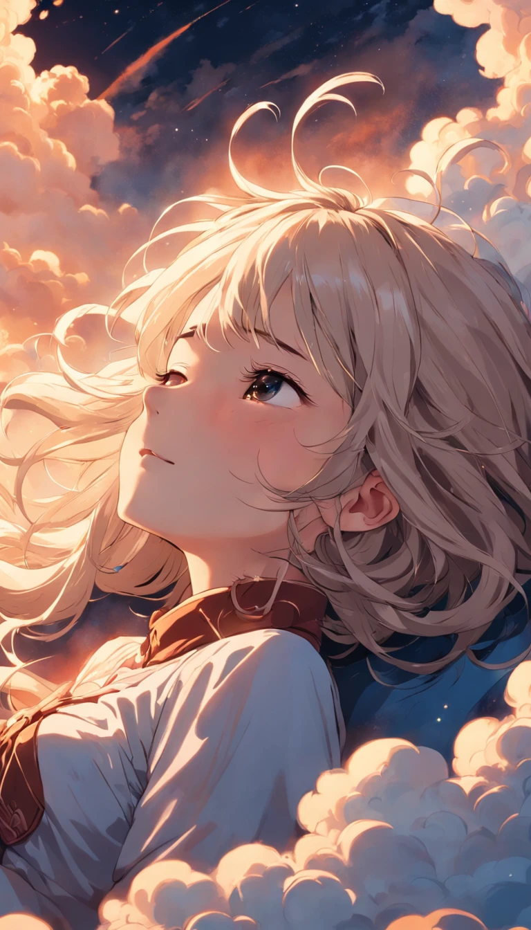 ​masterpiece, Highest Quality, Movie Steel, 1womanl, Cloud Ready, Floating in the sky, close-up, cheerfulness, Happiness, Warm and soft lighting, Sunset, Sleeping, Sleep on your stomach, sleep, Eyes closed, Fatigue. (sparks:0.7)