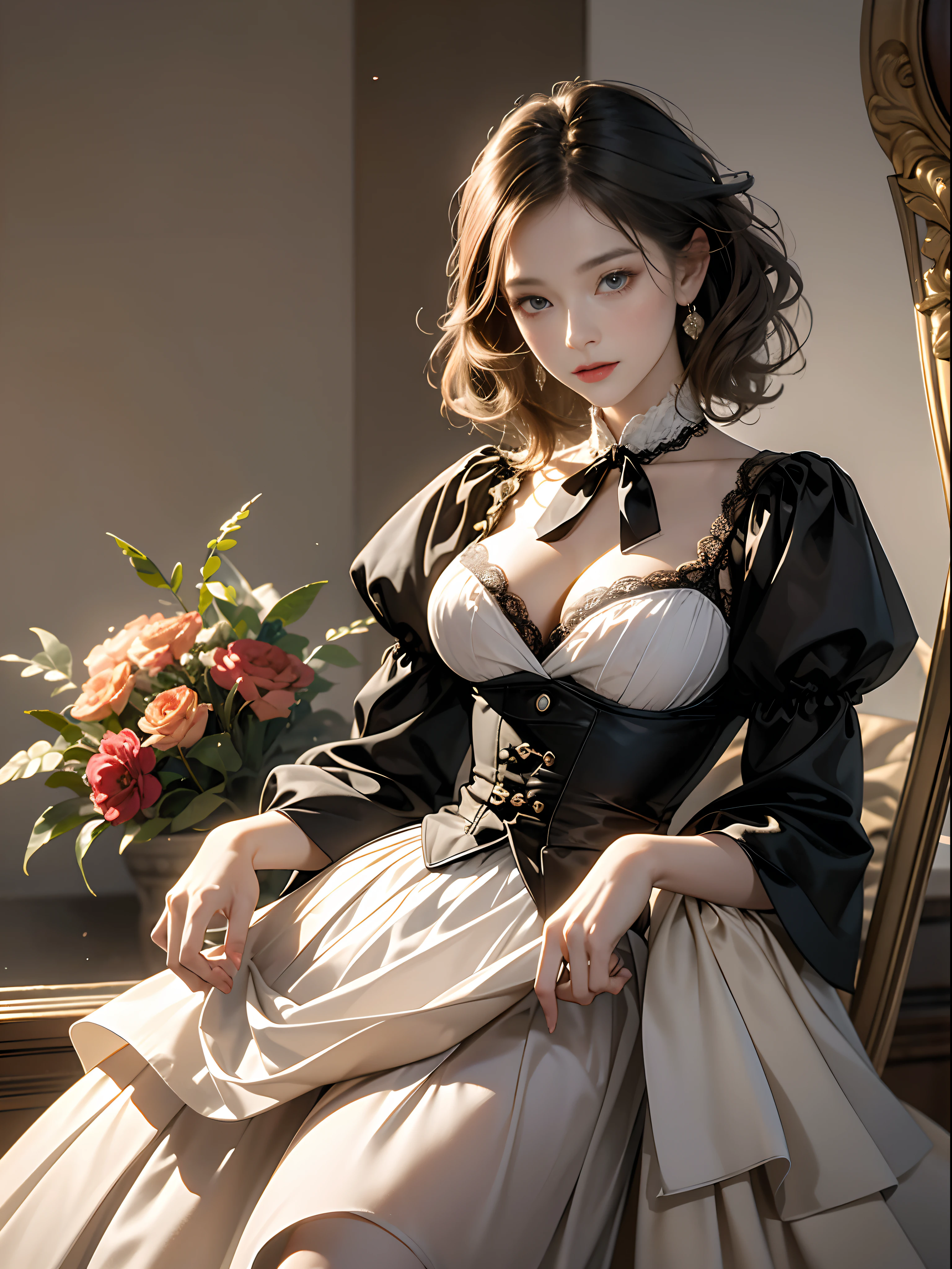 (Pure Color: 0.9), (Color: 1.1), (Masterpiece: 1,2), Top Quality, Masterpiece, High Resolution, Original, Highly Detailed Wallpaper, Beauty, Victorian, Dress, Melancholy, Big Breasts, Sepia Color, 40 years old