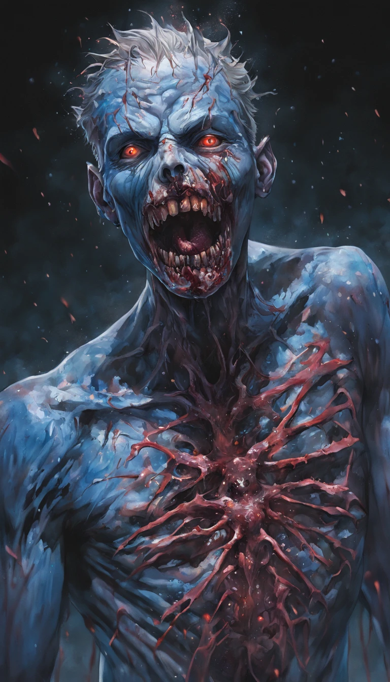 obra-prima inspirada em hellraiser, h. P. Lovecraft e Evil Dead 2013, realista de corpo inteiro ((corpo duro perfurado)) fotografia, decomposition, Dark black liquid of the decomposing body, 12k resolution,  very intricate facepaint scary bodypaint full pierced with dark liquid out, Detailed bright ghostly dark liquid coming out of the eyes, louco brilhante assustador perverso sorriso azul, cena sombria escura em casa assombrada muito assustadora, ultra-detalhado, ((arte sombria)), Pântano of horror, whole body view, head to toe, um guerreiro esqueleto, com armadura de ossos secos, com um livro de capa dura, encapado com carne humana, banhado em sangue,