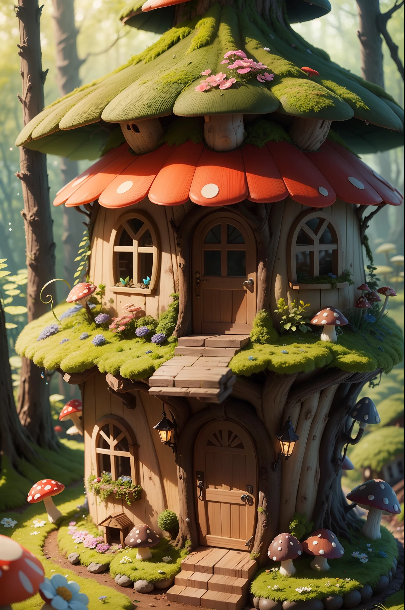 "Enchanting mushroom houses nestled in a vibrant forest, bathed in soft sunlight, and surrounded by colorful flowers. Captivate with whimsical details, moss-covered roofs, and cozy doorways. Create a magical atmosphere with sparkling dewdrops, dancing butterflies, and a hint of mystery. Let the vivid imagination bring these mushroom houses to life in a fantasy world where dreams come true."