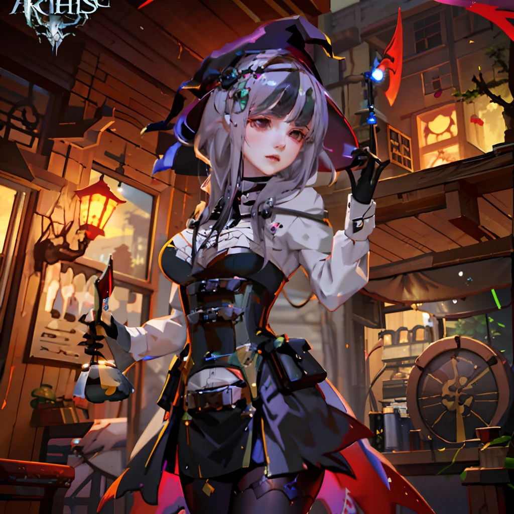 Anime - Stylistic image of a woman holding a knife in a witch costume, Kushatt Krenz Key Art Women, From Arknights, Splash art anime Loli, Guweiz in Pixiv ArtStation, Guweiz on ArtStation Pixiv, mechanized witch girl, trending on artstation pixiv, fashionable dark witch, Official artwork