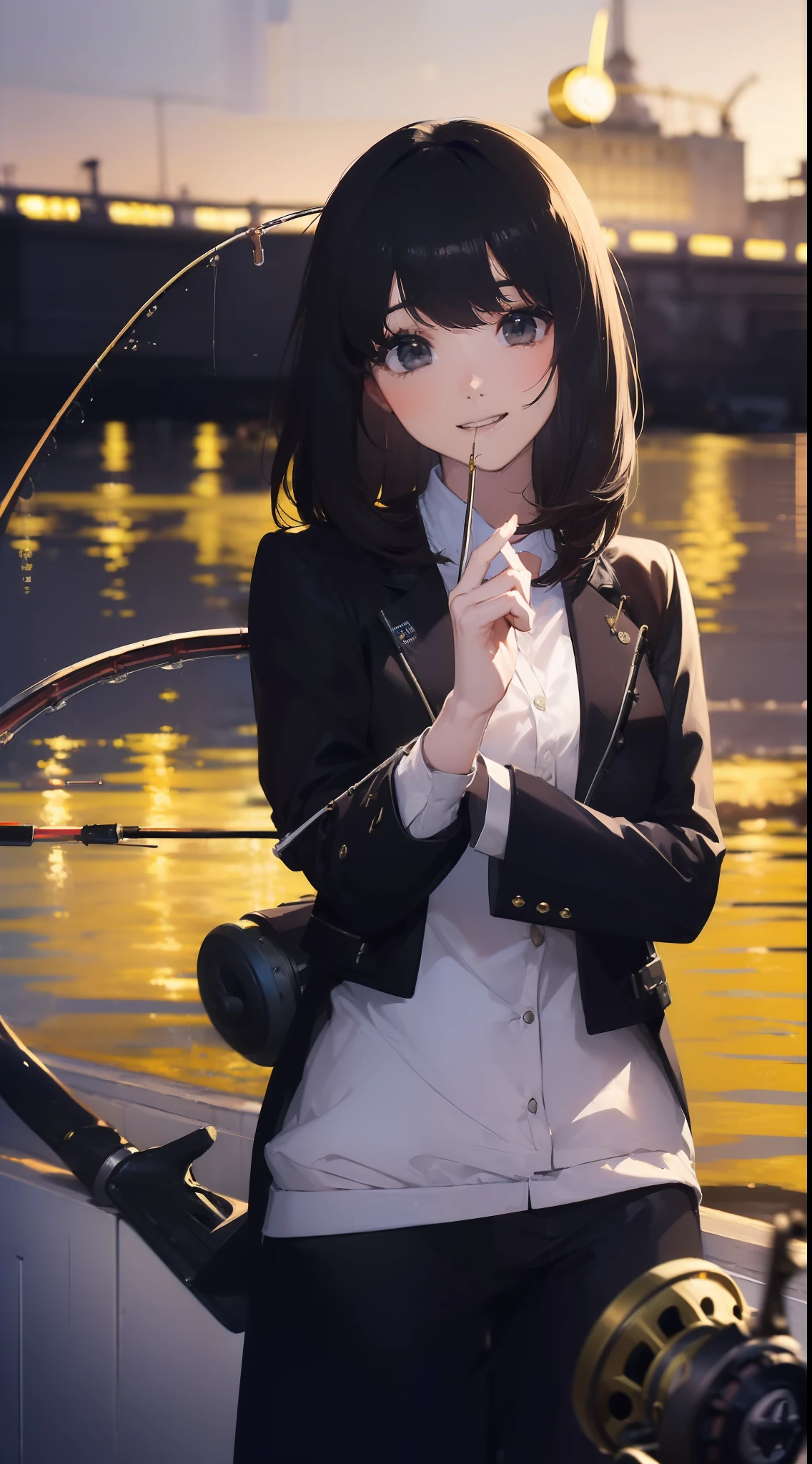 ((((having a fishing rod with a reel by the lakeside:1.5)))),((1 Female 22 years old))((Best Quality, masterpiece :1.5)),(((Hands with the correct number and structure of fingers:1.4))),hight resolution,ultra-detailliert,​masterpiece,best qualtiy,,Black hair, long eyeslashes, Solid Circle Eyes, Smiling Woman, drop shadow, Atmospheric perspective,Super Detail, ccurate, small brest,(Black jacket :1.1),top-quality, blurry backround, bokeh dof:1.2, (​masterpiece:1.3),  Atmospheric perspective,Super Detail,dynamic compositions