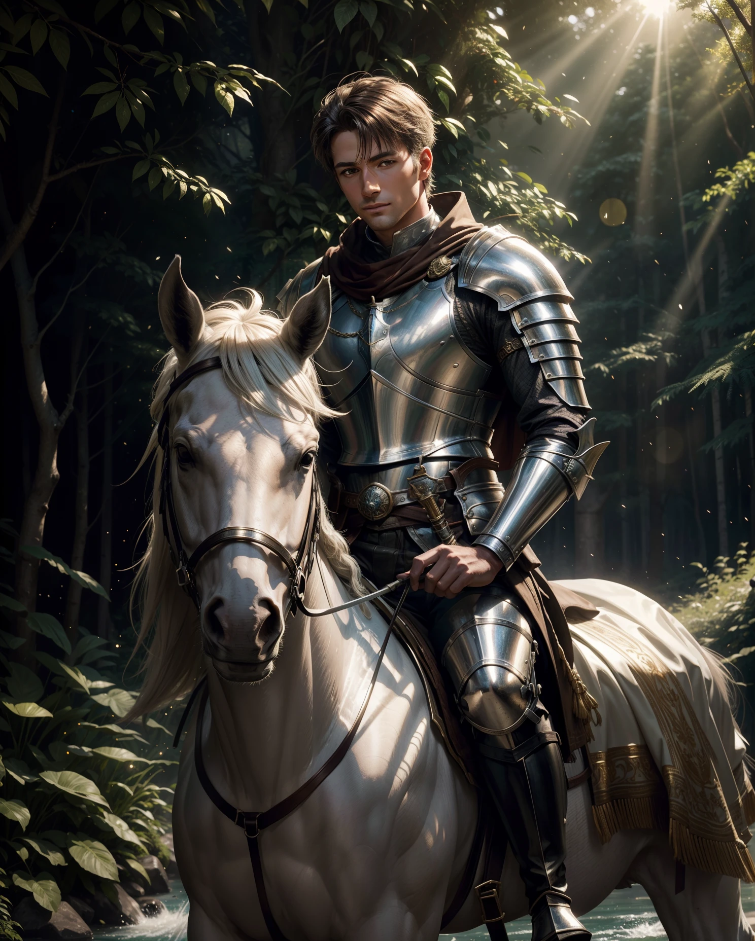 A handsome male knight rides a white horse toward the viewer, (sunlight glinting off shining bronze armor), (a silver bugle hung over his shoulder), through a forest by a river, dappled with sunlight, his horse's bridle studded with gems and bells, dynamic action, raytracing, bokeh, particle effects, depth of field, Tyndall effect, photorealistic, hires, scattered light, dim light.