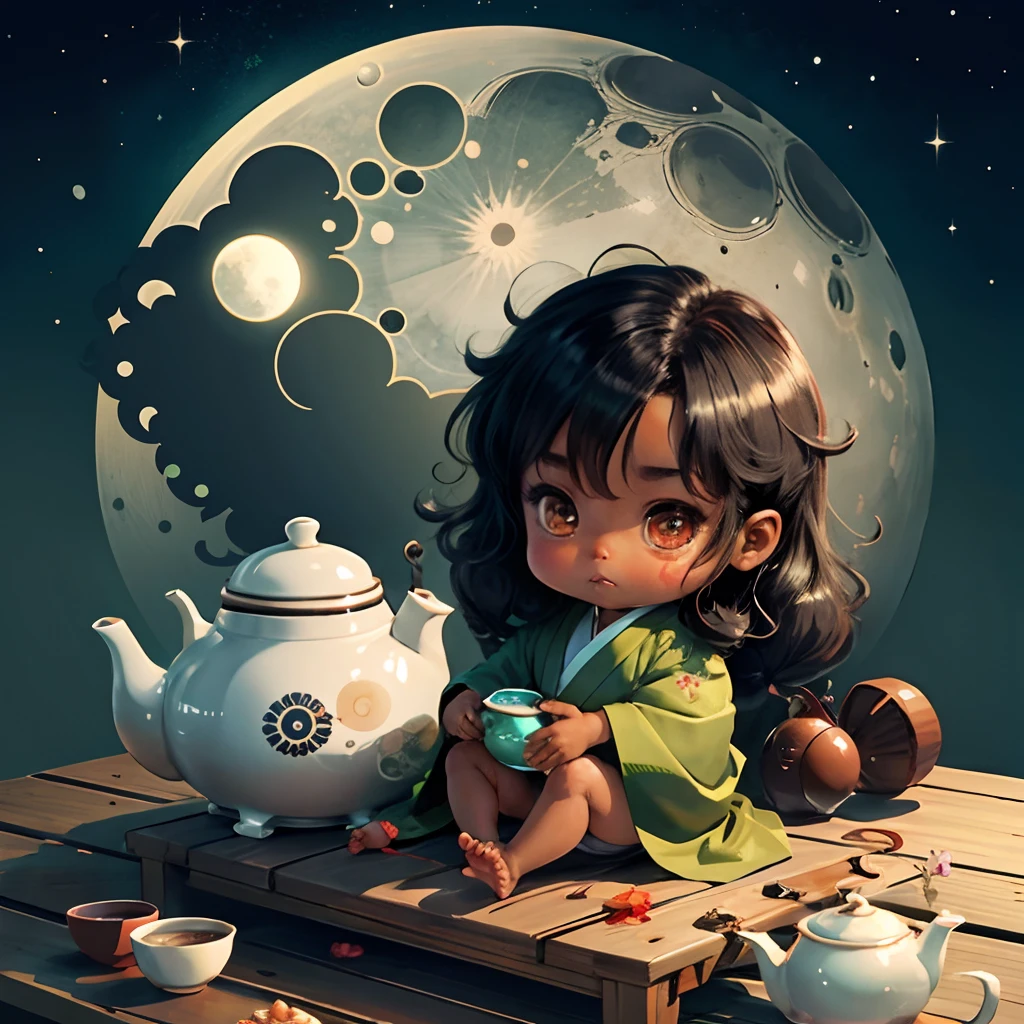 Cute dark brown skinned chibi anime, green kimono, sit in the teapot, moon, long black hair, clear toes, clear feet, freckles on the face, wear sandals