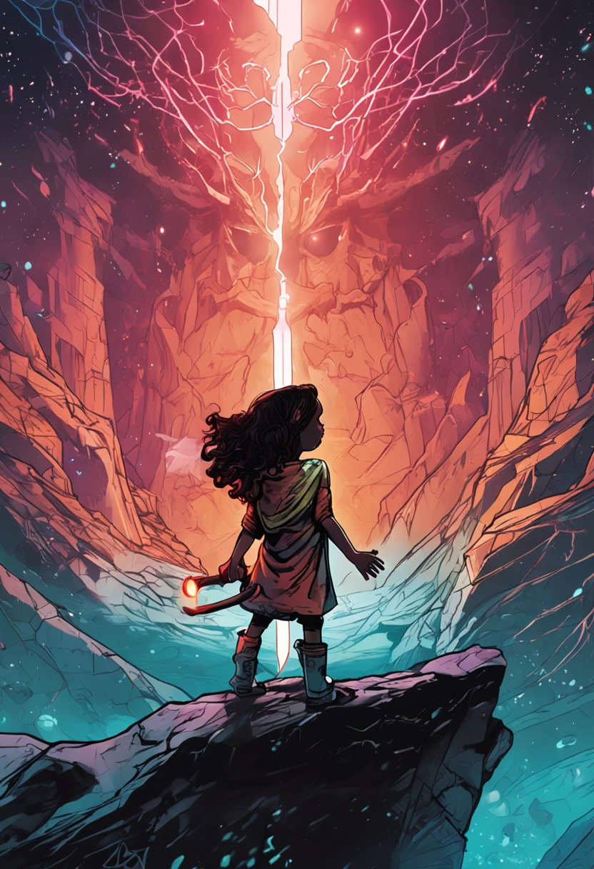 Determinados a salvar Aetheria, Teo menino de 10 anos e Elara menina 10 anos uma elfa lutam contra seres estranhos, nuvem negra,relampago,mundo de misterio,monstros voando,espada,sentados em uma pedra cansados.