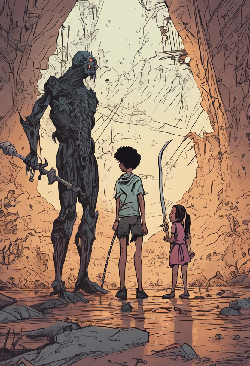 Determinados a salvar Aetheria, Teo menino de 10 anos e Elara menina 10 anos uma elfa lutam contra seres estranhos, nuvem negra,relampago,mundo de misterio,monstros voando,espada,sentados em uma pedra cansados.