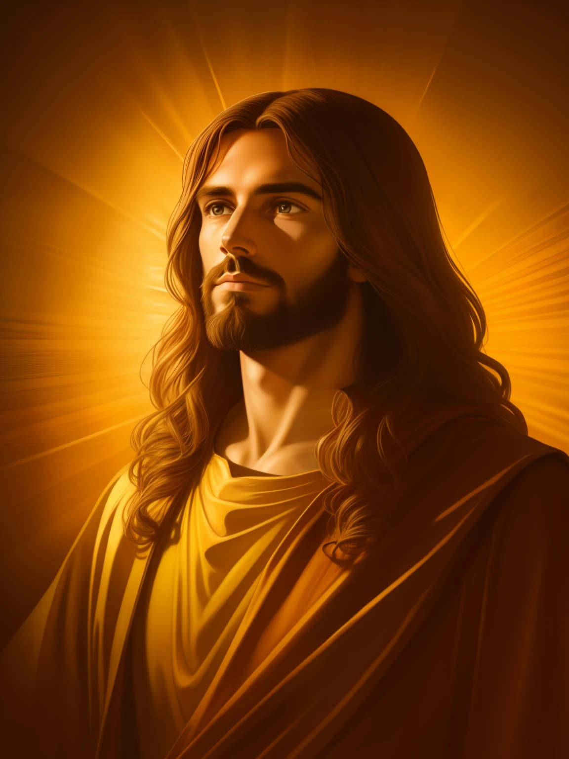 Highly detailed portrait of Jesus Christ, gold, divine rays, detailed and intricate environment