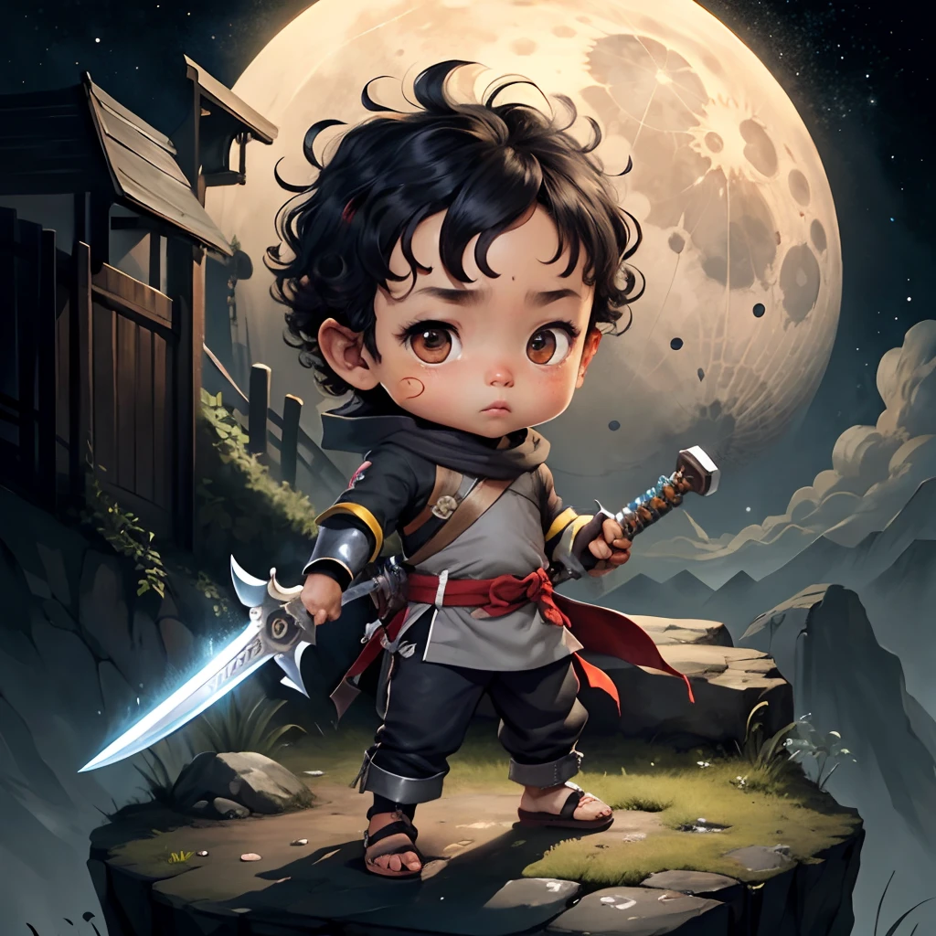 Cute chibi  boy anime, dark brown skinned, grey ninja clothes, wear sandals, freckle face, moon, curly black hair, sword