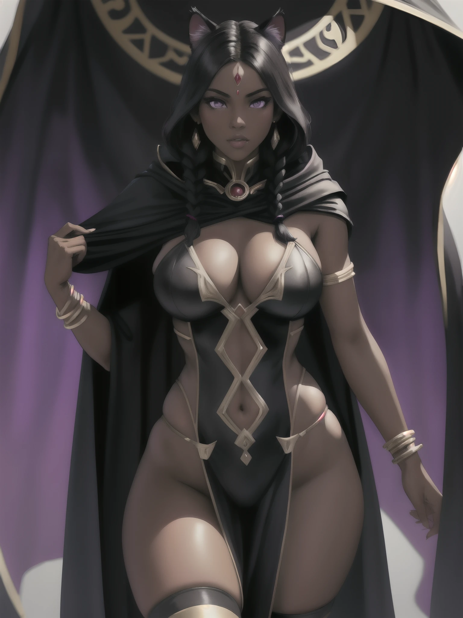 Concept art, Masterpiece, Excellent Quality, 1girl, solo, complex details, color diffusion, close-up shot, African-American female, dark-skinned female, brown skin, thighs and hips, cat ears, black hair, dark hair, braids, purple eyes, amazon attire, epic attire, cloak, cloaked, badass, deadly and sexy, demon goddess, Super Villain, Sci-Fi, Fantasy