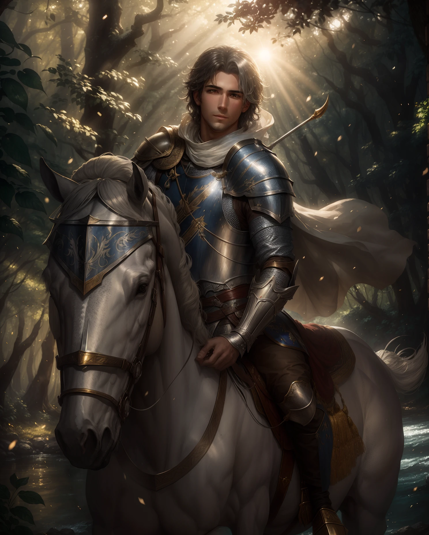 A handsome male knight rides a white horse toward the viewer, (sunlight glinting off shining bronze armor), (a silver bugle hung over his shoulder), through a forest by a river, dappled with sunlight, his horse's bridle studded with gems and bells, raytracing, bokeh, particle effects, depth of field, Tyndall effect, photorealistic, hires, scattered light, dim light.