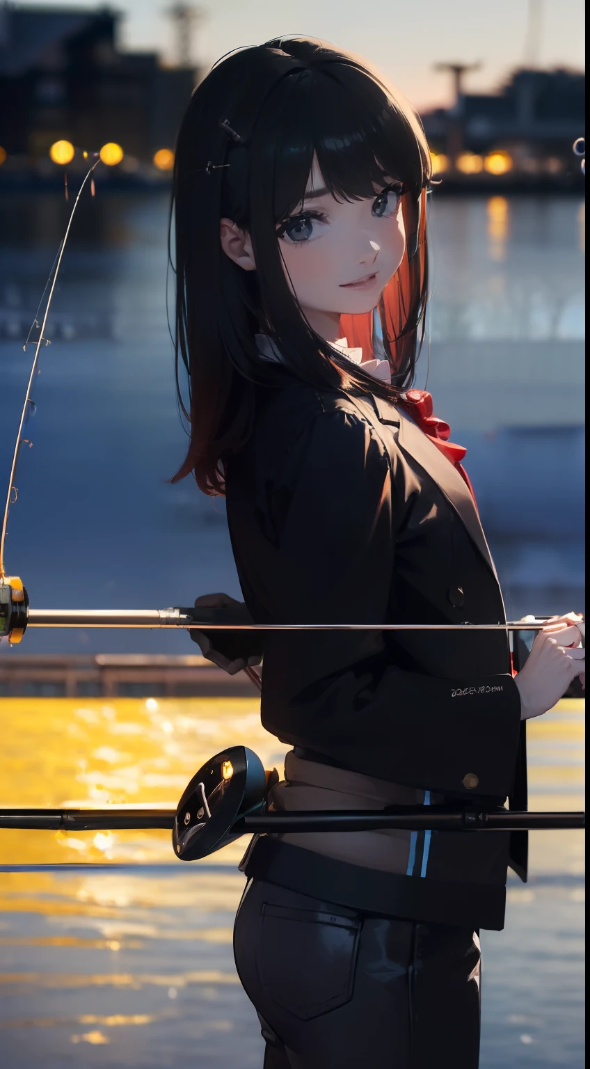 ((((having a fishing rod with a reel by the lakeside:1.5)))),((1 Female 22 years old))((Best Quality, masterpiece :1.5)),(((Hands with the correct number and structure of fingers:1.4))),hight resolution,ultra-detailliert,masterpiece,best qualtiy,,Black hair, long eyeslashes, Solid Circle Eyes, Smiling Woman, drop shadow, Atmospheric perspective,Super Detail, ccurate, small brest,(Black jacket :1.1),top-quality, blurry backround, bokeh dof:1.2, (masterpiece:1.3), Atmospheric perspective,Super Detail,dynamic compositions