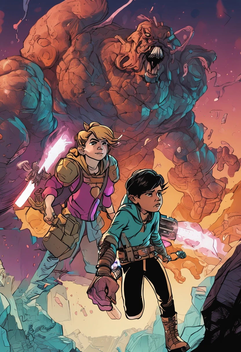 Determinados a salvar Aetheria, Teo menino de 10 anos e Elara menina 10 anos uma elfa lutam contra seres estranhos, nuvem negra,relampago,mundo de misterio,monstros voando,espada,sentados em uma pedra cansados, estilo anime