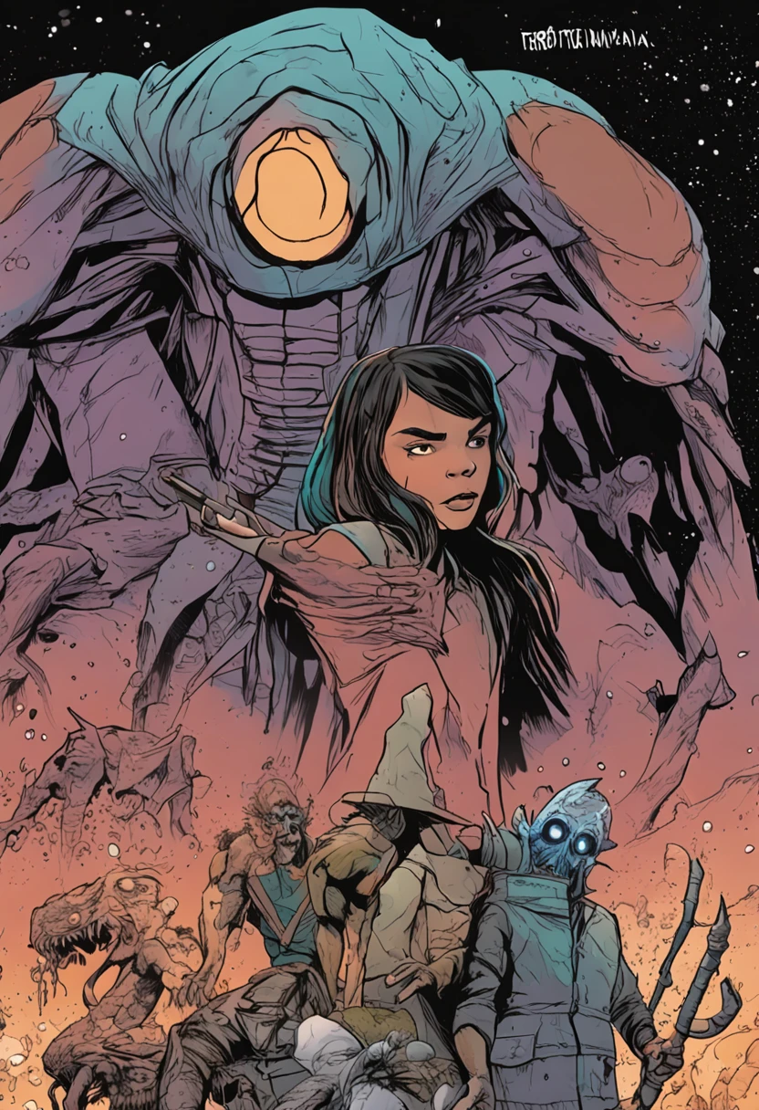 Determinados a salvar Aetheria, Teo menino de 10 anos e Elara menina 10 anos uma elfa lutam contra seres estranhos, nuvem negra,relampago,mundo de misterio,monstros voando,espada,sentados em uma pedra cansados, estilo anime