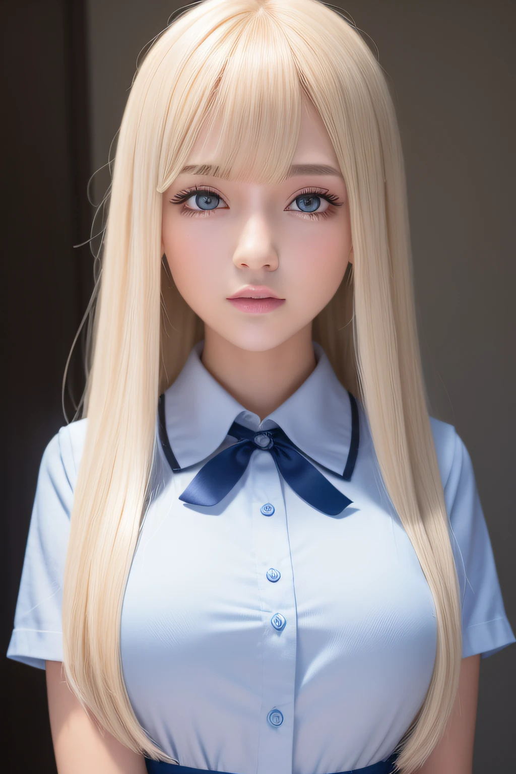 portlate、School Uniforms、bright expression、poneyTail、Young shiny shiny white shiny skin、Best Looks、Blonde reflected light、Platinum blonde hair with dazzling highlights、shiny light hair,、Super long silky straight hair、Beautiful bangs that shine、Glowing crystal clear attractive big blue eyes、Very beautiful nice cute 16 year old girl、Lush bust,Beautiful detailed eyes, beautiful detailed nose, natural make up、Healthy skin、