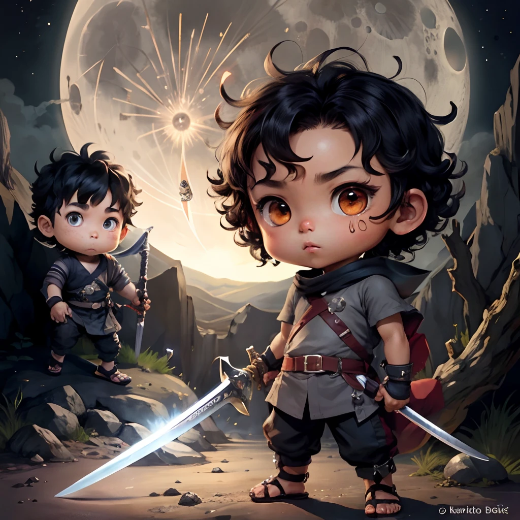 Cute chibi  boy anime, dark brown skinned, grey ninja clothes, wear sandals, freckle face, moon, curly black hair, sword