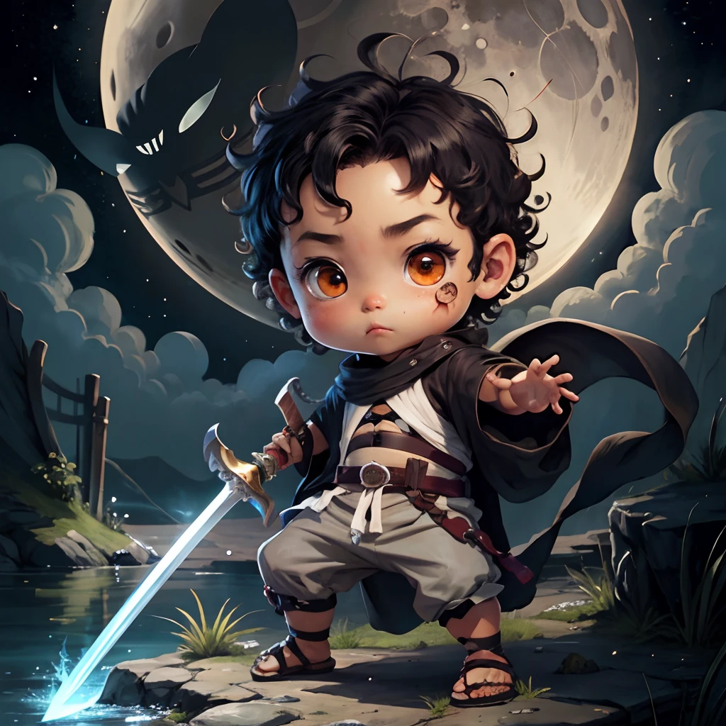 Cute chibi  boy anime, dark brown skinned, grey ninja clothes, wear sandals, freckle face, moon, curly black hair, sword