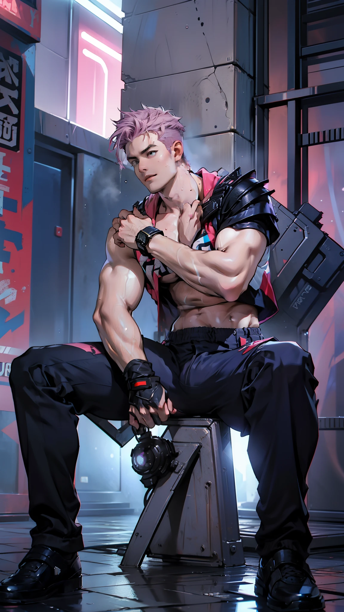 A tall muscular boy , Naked , Legs spread , （The whole body of the character），impact , Sweaty , Wet , Seductive , Bigboobs , large bulge , big balls ,, From the knees , big assa，mechs，punky style，Pink big breasts，blue colors，purpleish color，black in color