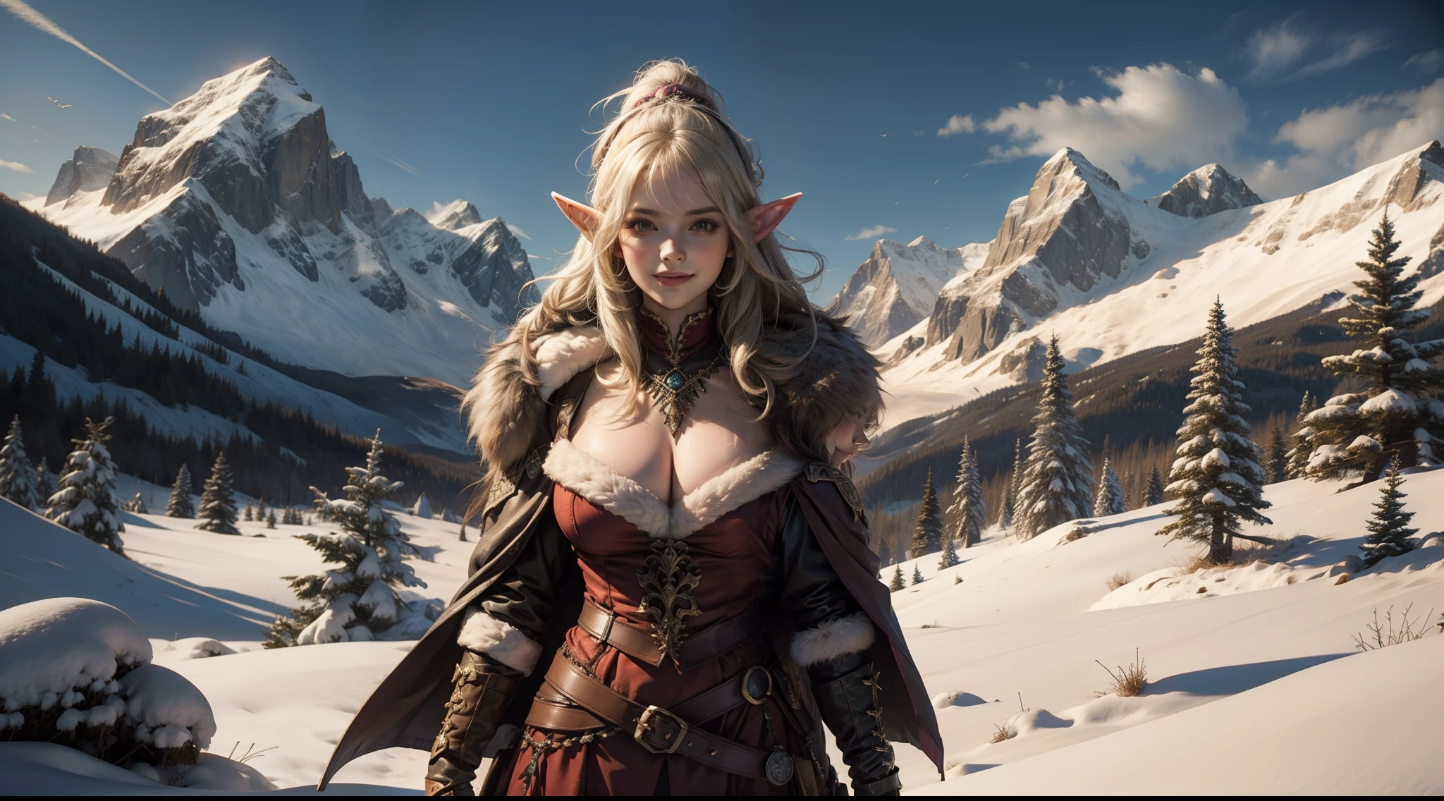 Female elf,Large breasts,upperbody shots,dramatics,dynamicposes,Heavy fur clothes,Snow-capped mountains in the background,magia,Rembrandt light, warm smile