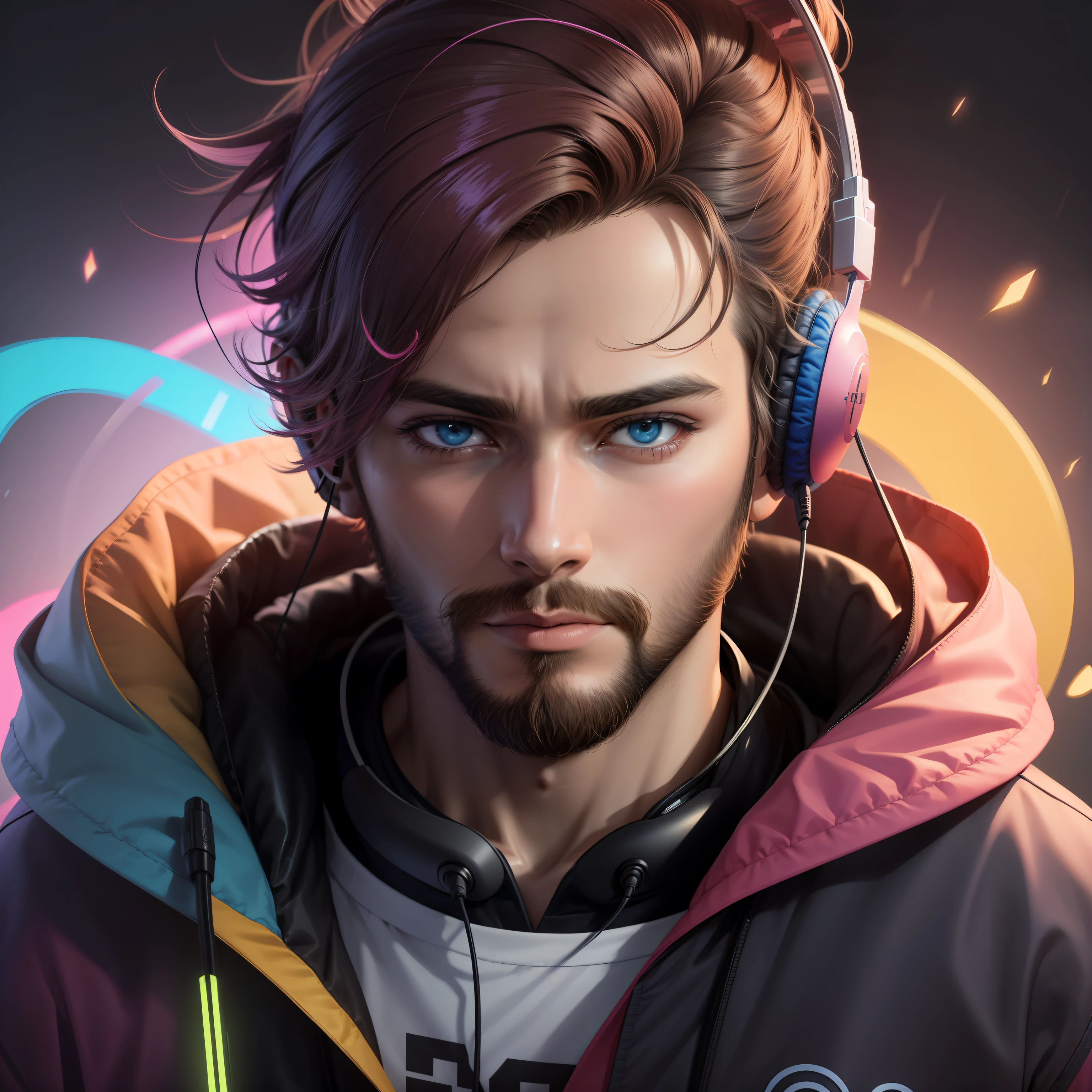 anime, colorido, homem de barba ouvindo musica com um headphone, futurista,neon colorido. Ondas musicais