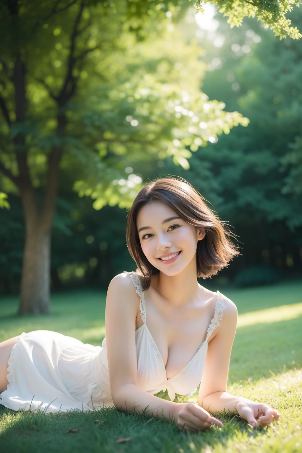 (great masterpiece、top-quality、high-level image quality) alluring smile, magic thighs, sexy pose, dynamic, french, sense of wonder, high-end, sophisticated, art nouveau, highly detailed, beautiful, gorgeous, 18 yo, dancing, forest, lying on grass, beautiful elegant summer dress, french