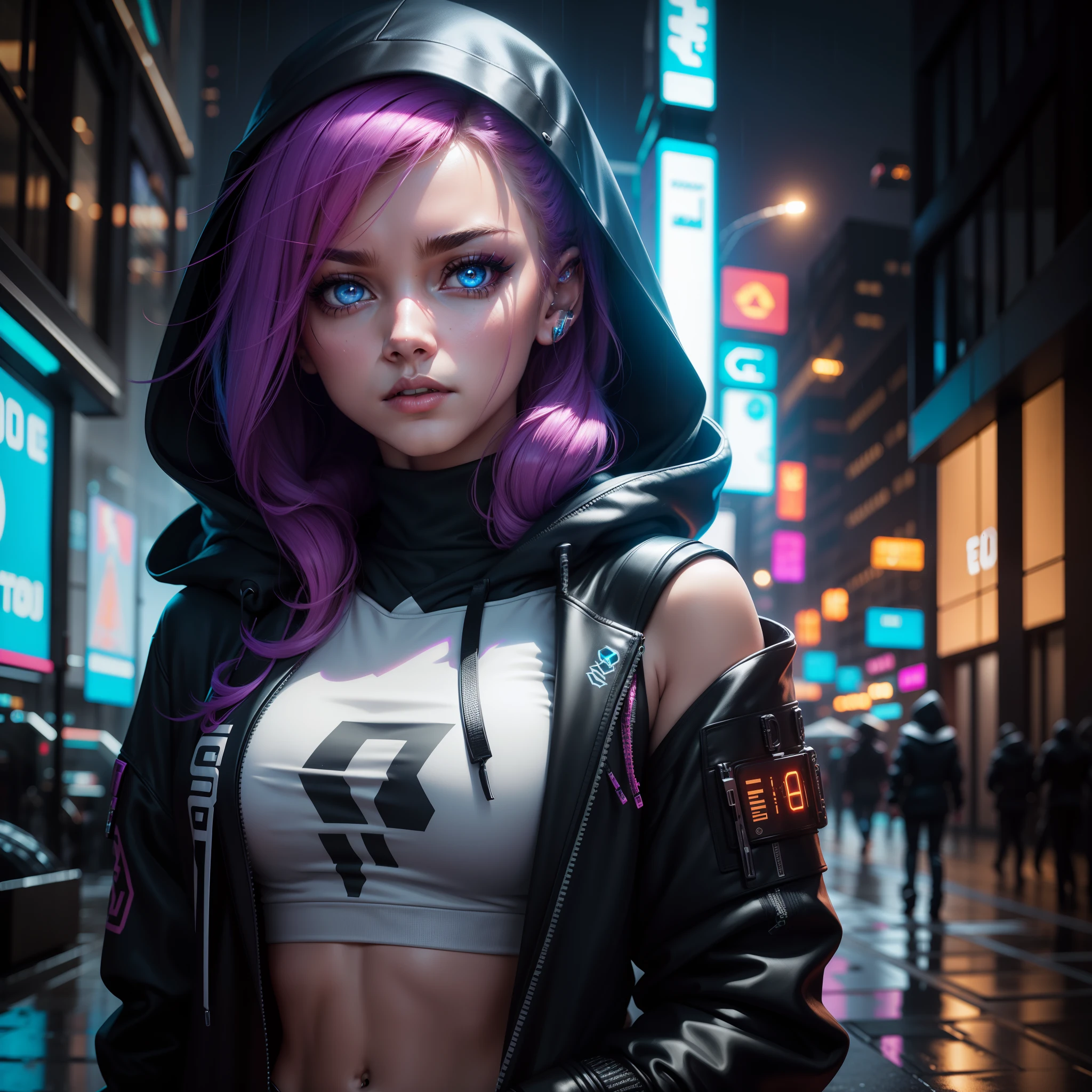 solo, a beauty woman，cyberpunk，hoodie with cyberpunk features, sparkle eyes, blue pupils, perfect eyes, rainy cyber punk city high rise , thin gap, portrait 35 mm, detailed bokeh background, high resolution, 8k