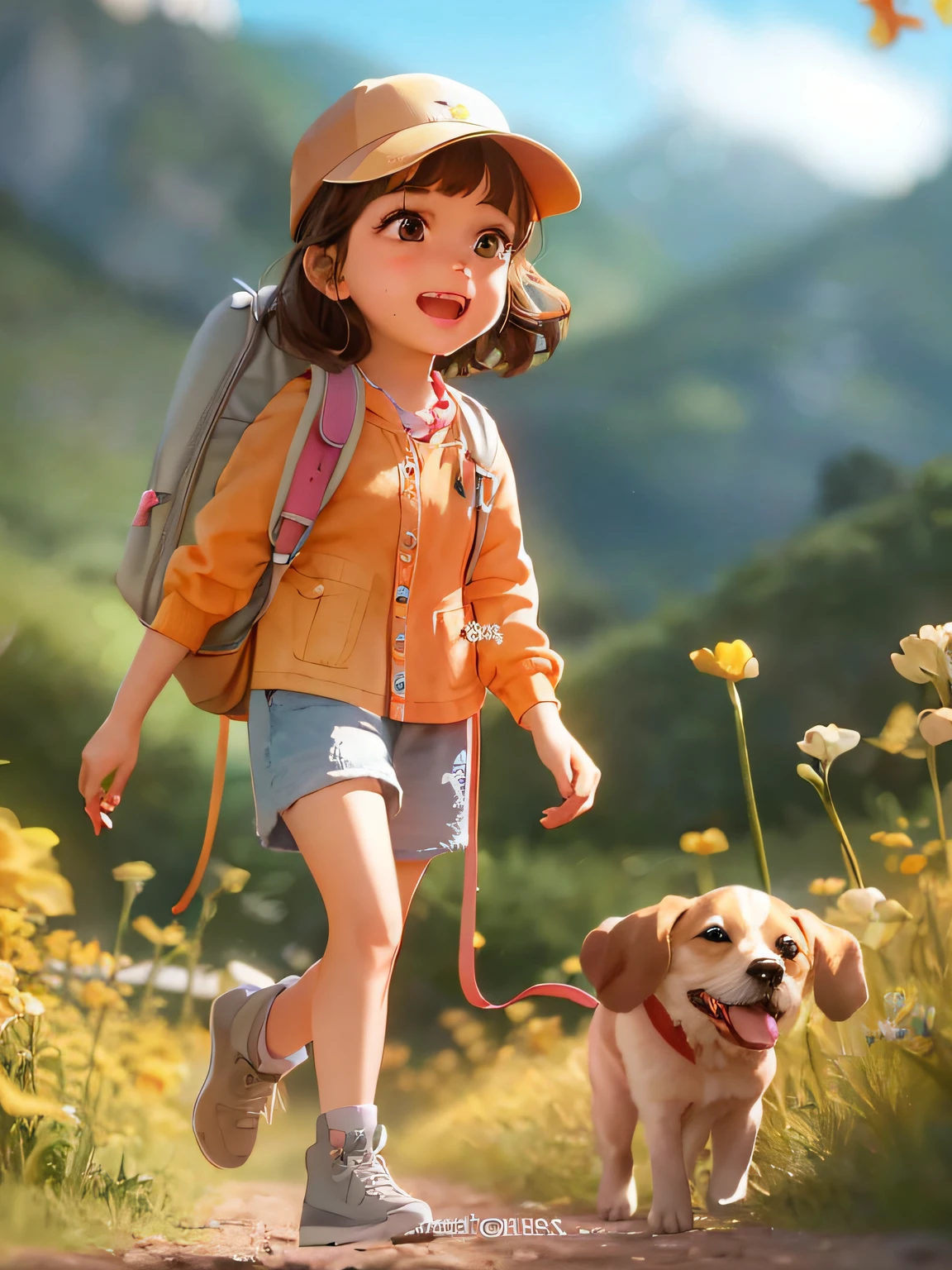 Prompt: Uma garotinha incrivelmente charmosa carregando uma mochila, accompanied by her adorable puppy, enjoying a lovely spring walk surrounded by beautiful yellow flowers and natural landscapes.  with colorful butterflies flying The illustration is in high definition in 4k resolution, com recursos faciais altamente detalhados e visuais em estilo cartoon.