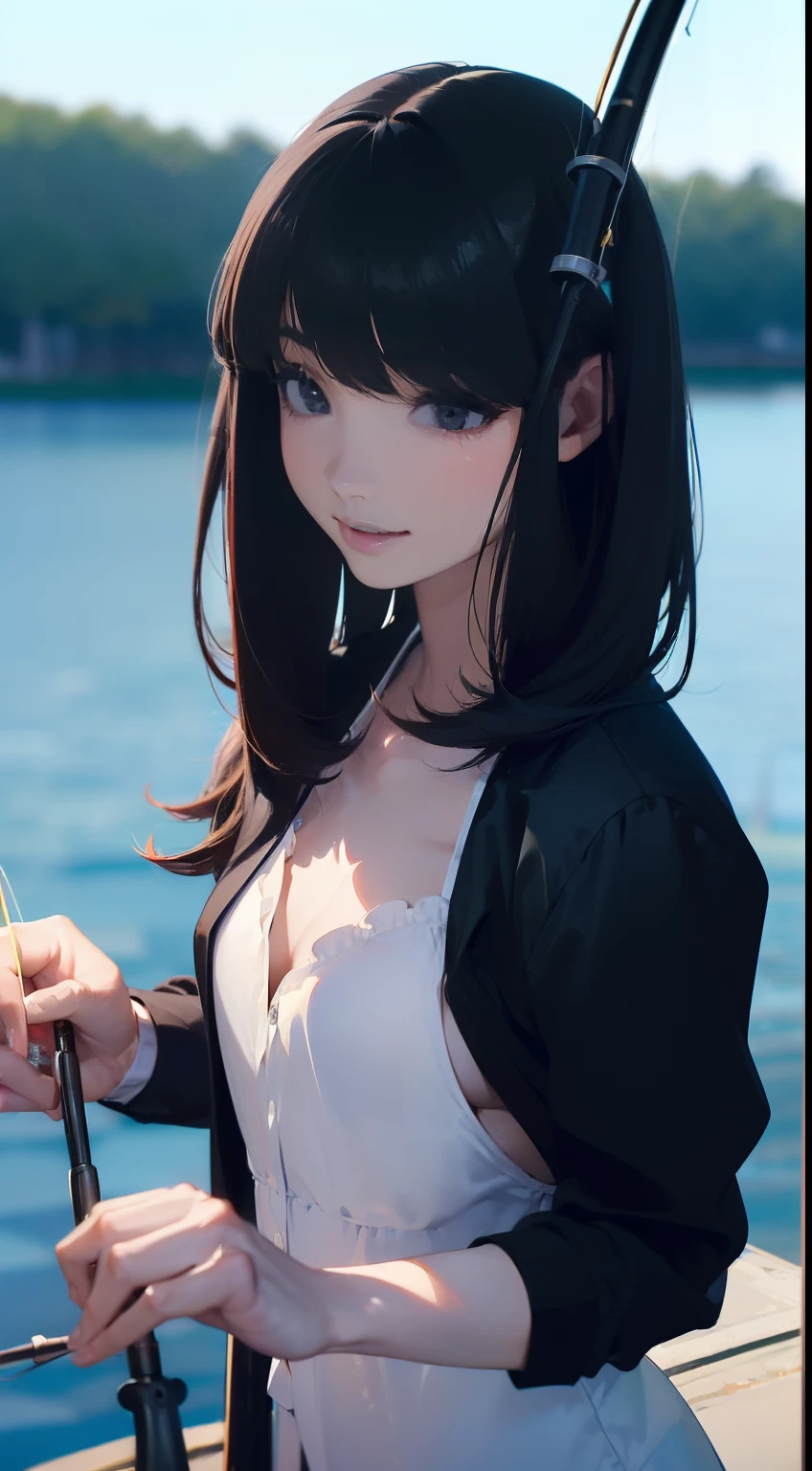 ((((Have a fishing rod with a reel by the lake:1.5)))),((1 female 22 years old))((Best Quality, masutepiece :1.5)),(((Hands with the correct number and structure of fingers:1.4))),hight resolution,ultra-detailliert,masterpiece,best qualtiy,,Black hair, long eyeslashes, Solid Circle Eyes, Smiling Woman, drop shadow, Atmospheric perspective,Super Detail, ccurate, small brest,(Black jacket :1.1),top-quality, blurry backround, bokeh dof:1.2, (masterpiece:1.3), Atmospheric perspective,Super Detail,dynamic compositions,High-resolution image quality、top-quality、masterpiece、illustratio、extremely delicate and beautiful、extremely details CG、wall-paper、(realisitic、Photorealsitic:1.37)、astonishing、finely detail、masterpiece