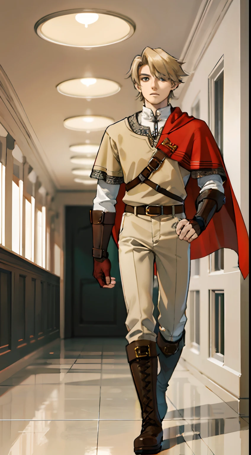 a 19-year-old boy, 1 boy,  solo, blonde short hair parted in the middle, man's short hair, without a beard, without a goatee, no facial hair, silver and dark  medieval knight armor,link,(combat boots), gloves(muscular:0.4), (beige pants), (red Cape), palace, hallway,standing,walking slowly