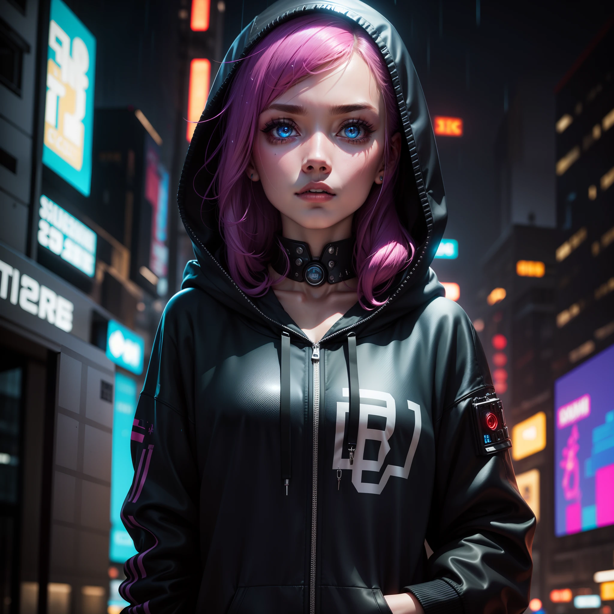 solo, a beauty woman,cyberpunk,hoodie with cyberpunk features, sparkle eyes, blue pupils, perfect eyes, rainy cyber punk city high rise , thin gap, portrait 35 mm, detailed bokeh background, high resolution, 8k
